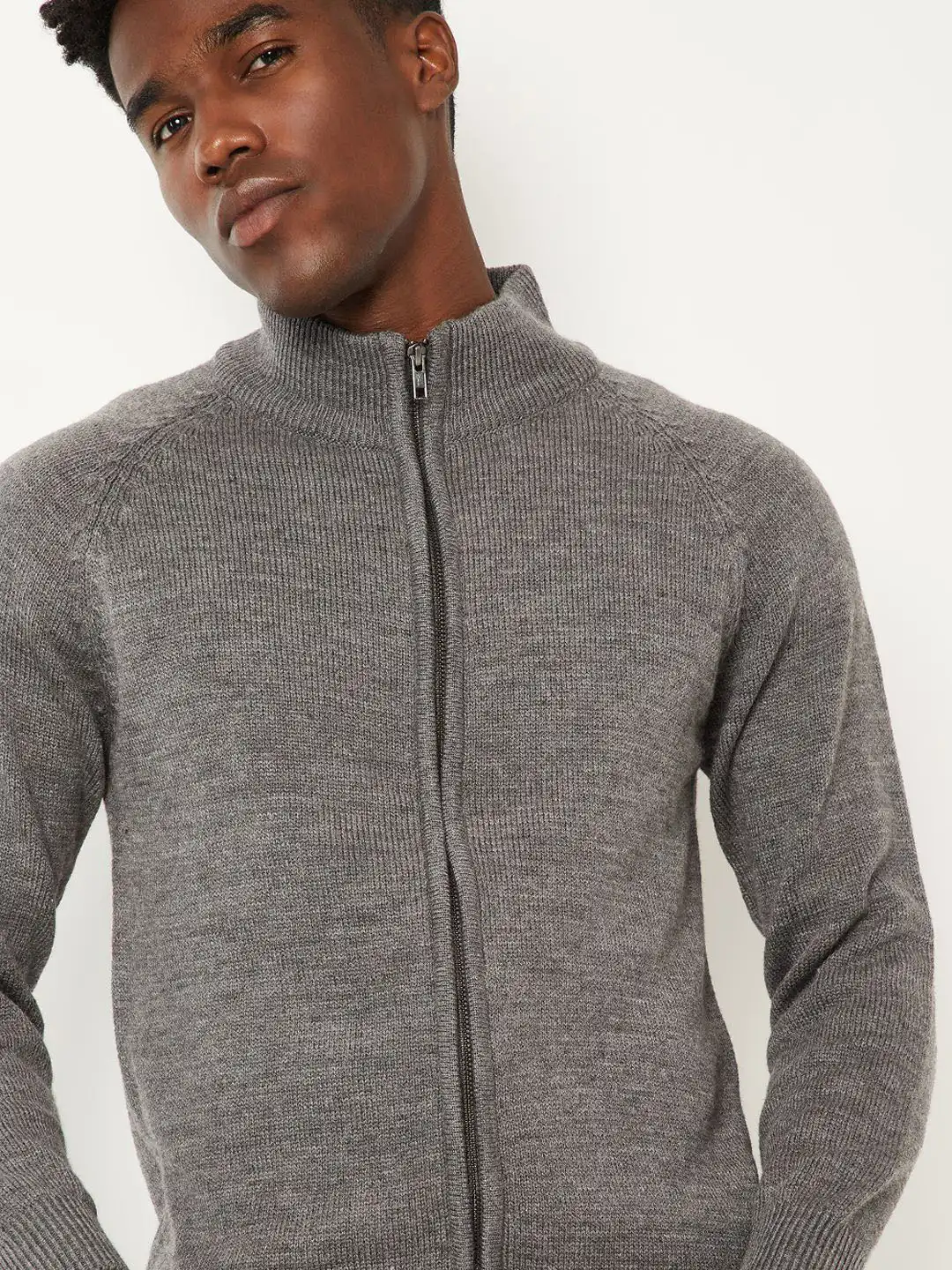 Buy max Men Mock Collar Cardigan with Zip Detail - Sweaters for