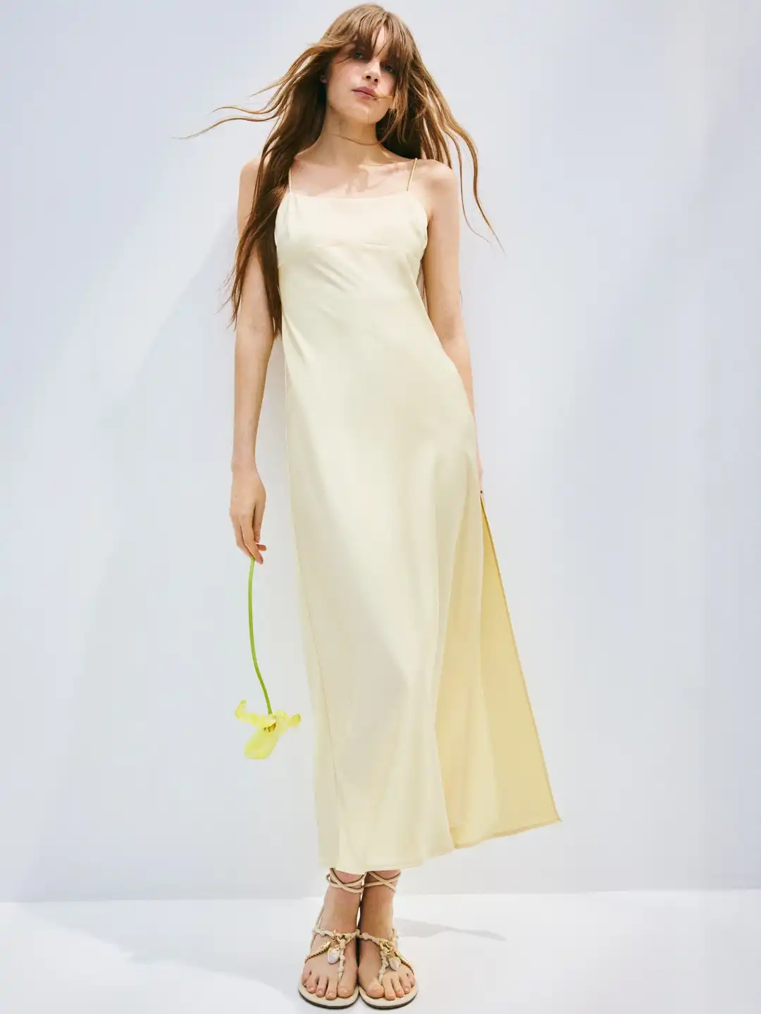 h&m yellow long dress Women's Light yellow Tie-Detail Maxi Dress