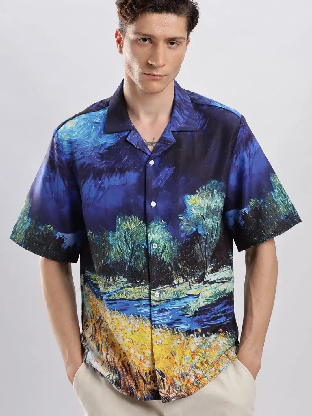 Buy I'M HERE Unisex Relaxed Fit Abstract Printed Cuban Collar