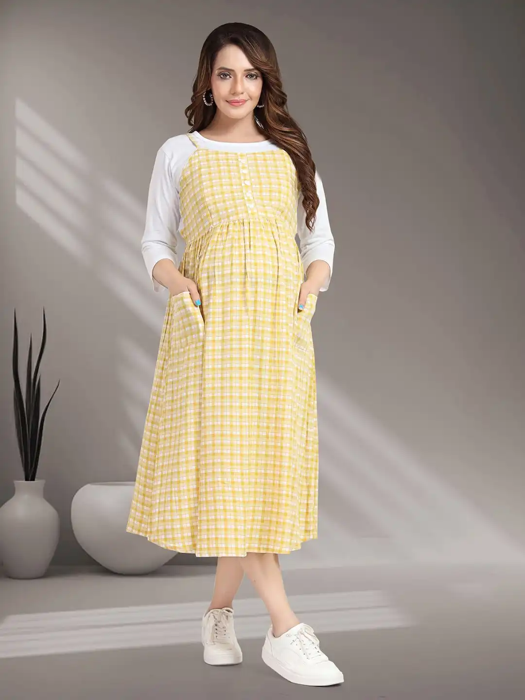 Midi Dress Oversized Pinafore Dress MomsBae Women Checked Cotton Pinafore Midi Dress(XXL) By Myntra
