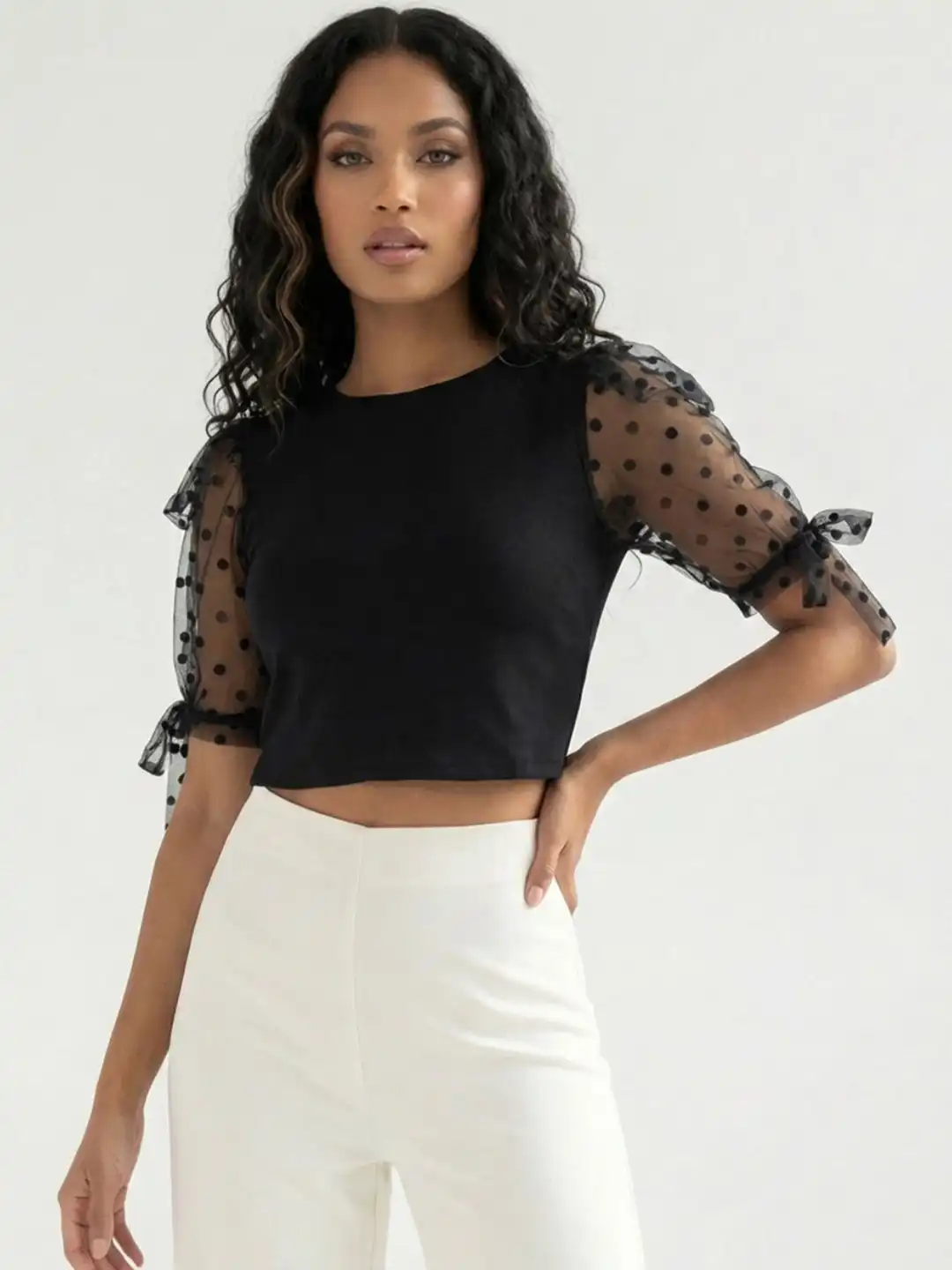 Buy glitchez Polka Dot Print Puff Sleeve Ruffles Crop Top - Tops