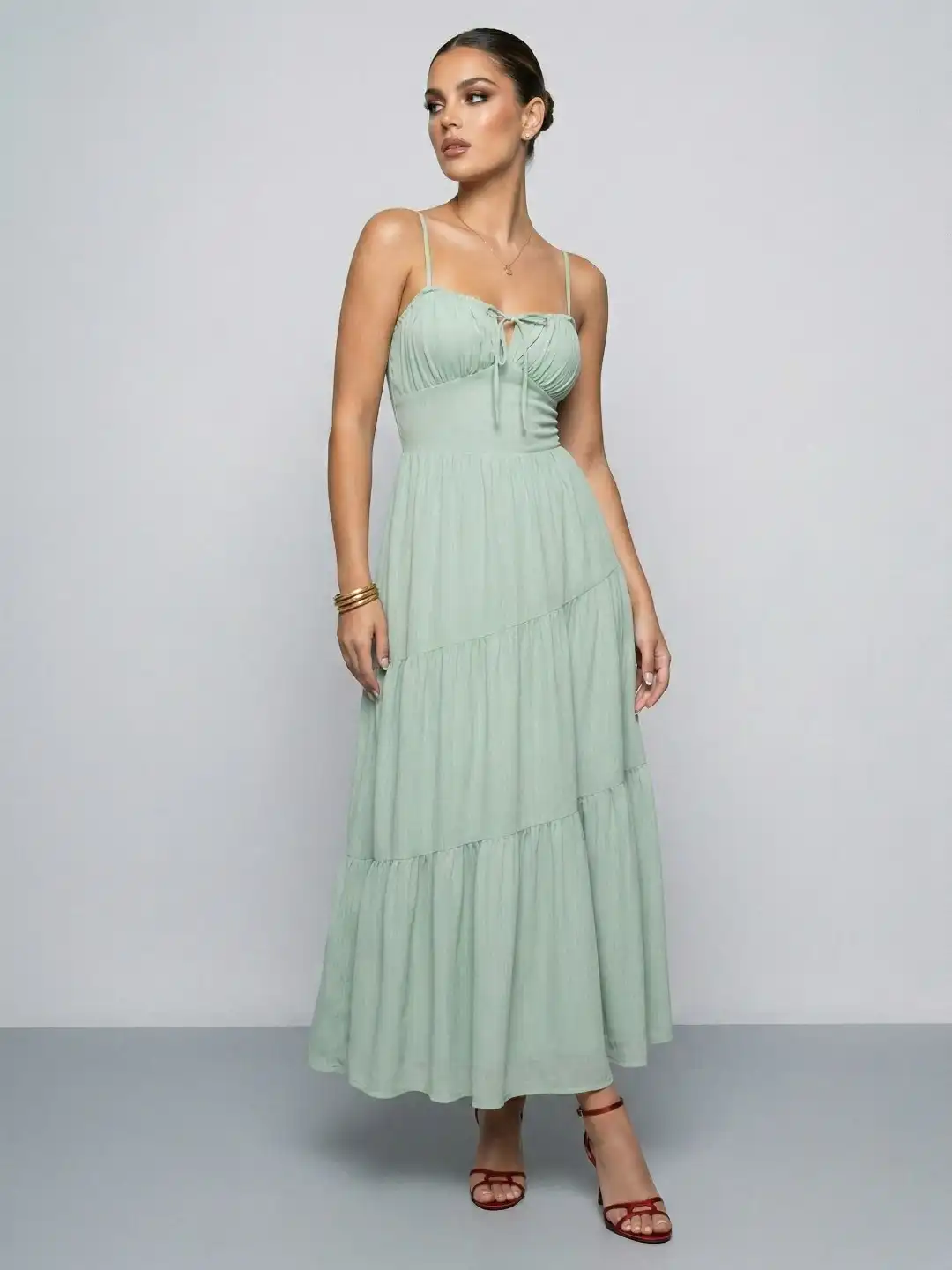 green dress devil wears prada AKIRA Ariana Satin Ruffled Mini Dress | Green main image 0