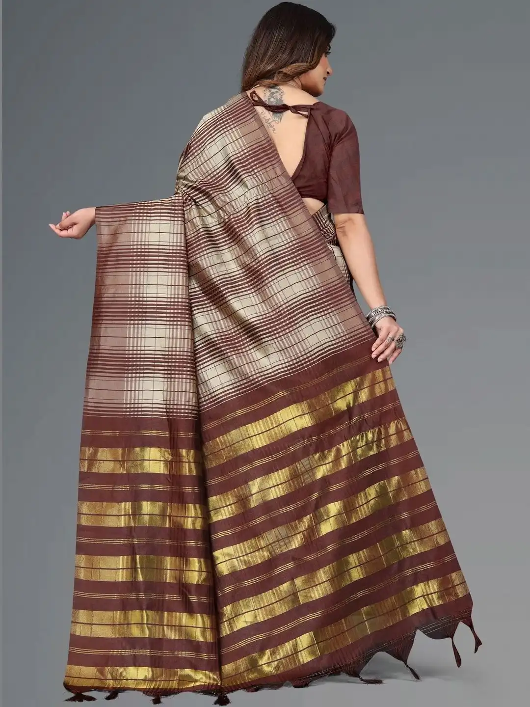 Buy SHAIBO SAREE Checked Woven Design Silk Cotton Saree - Sarees
