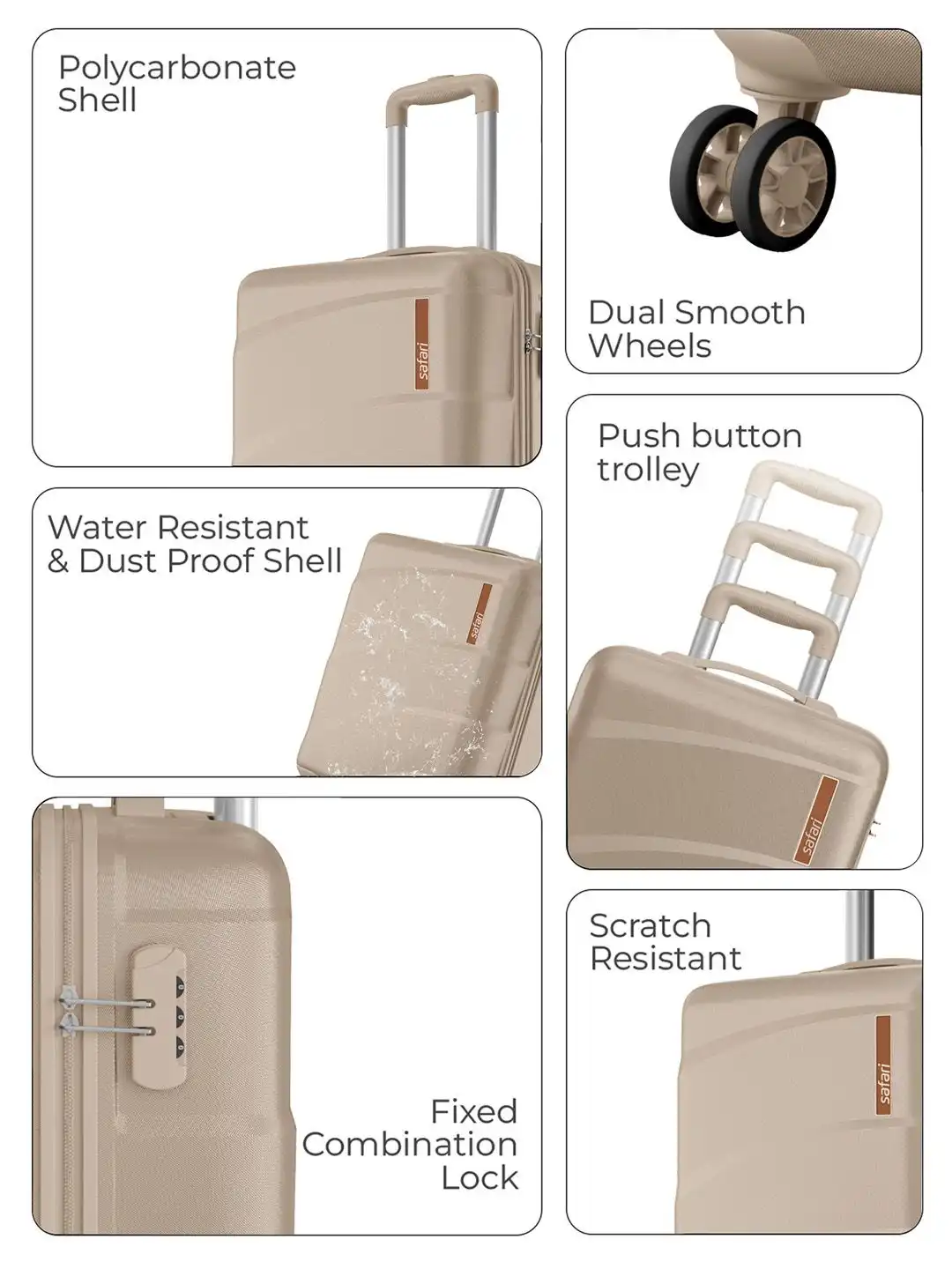Buy Safari Zuno Champagne Set of 3 Hard 8 Wheel Cabin Medium