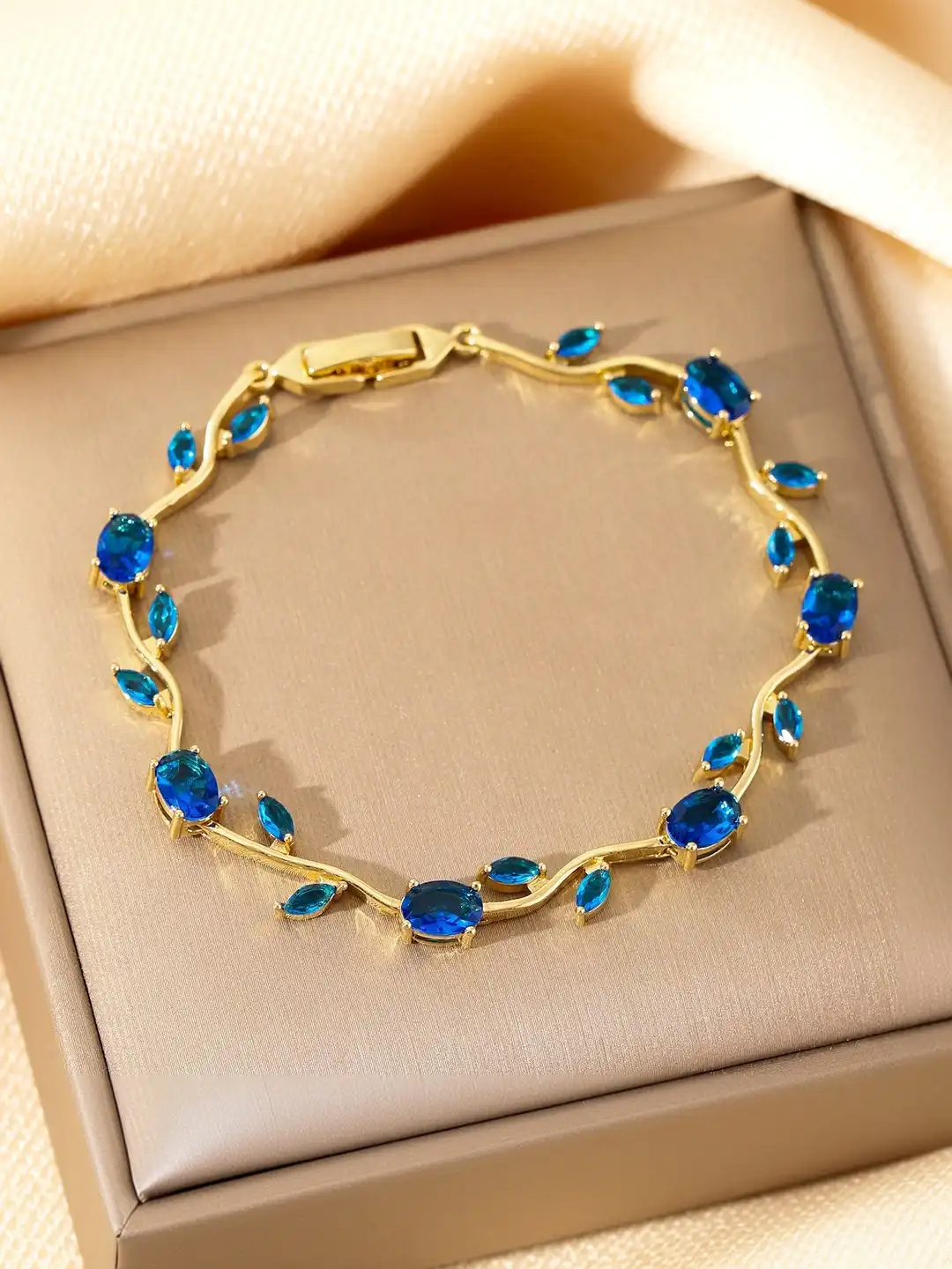 Buy Inites Anti Tarnish Floral Blue Crystal Stones Tulip Bracelet