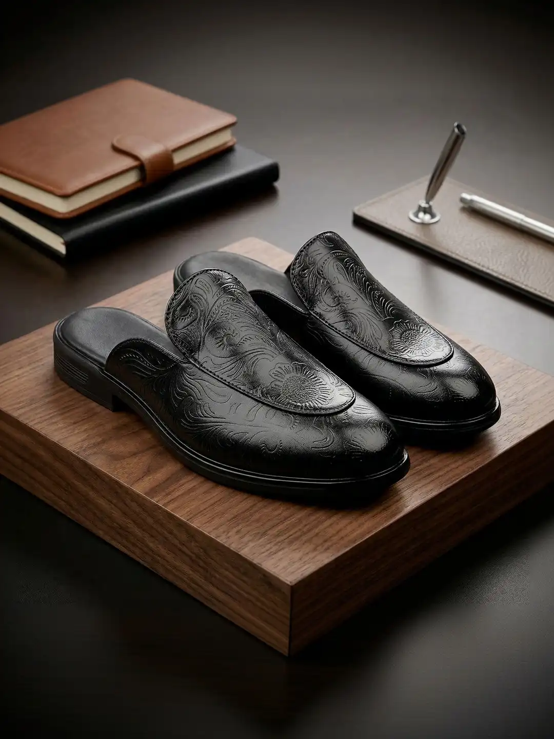 Formal Shoes Backless Mules Black Bxxy Men Black Floral Engraved Backless Mules