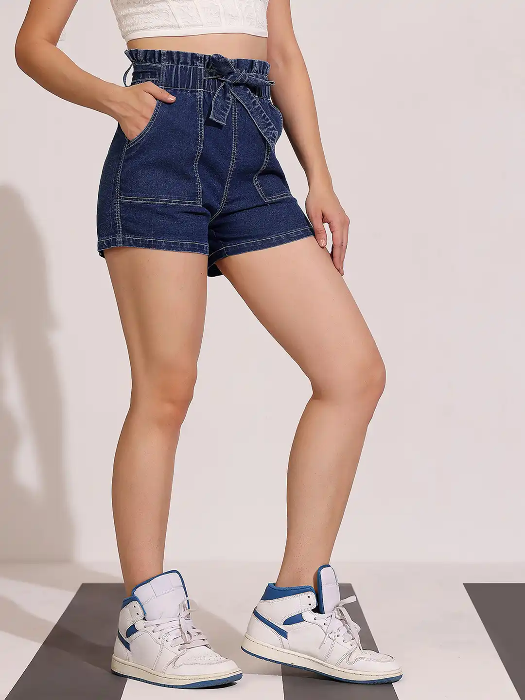 Buy DOLCE CRUDO Women's High-Rise Paperbag Denim Shorts with Tie
