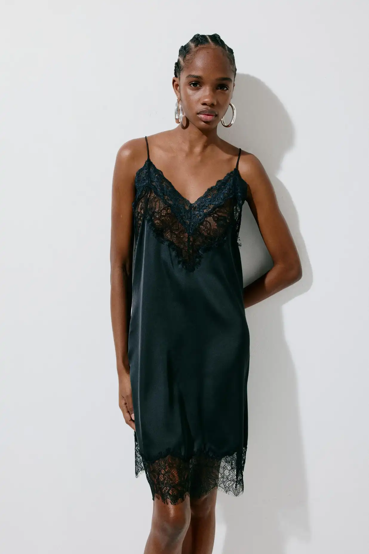 h&m lace slip dress Women's Black Lace-Trimmed Slip Dress