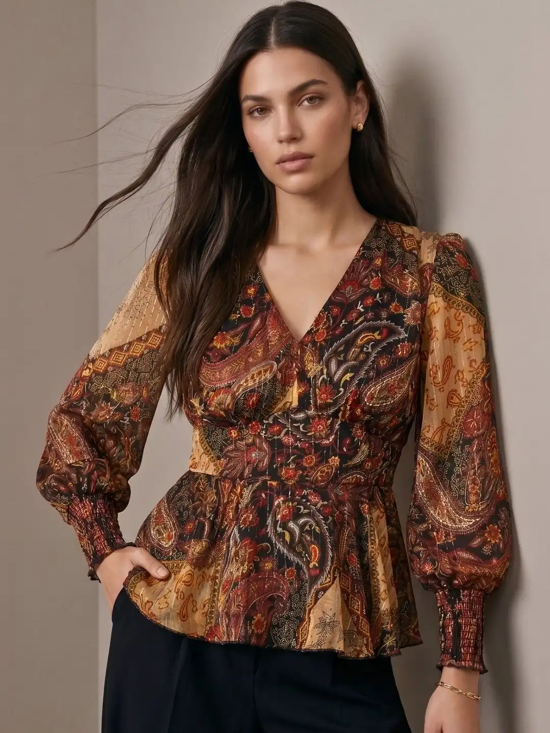 Buy Outzidr Lurex Printed Balloon Sleeves Peplum Top - Tops for