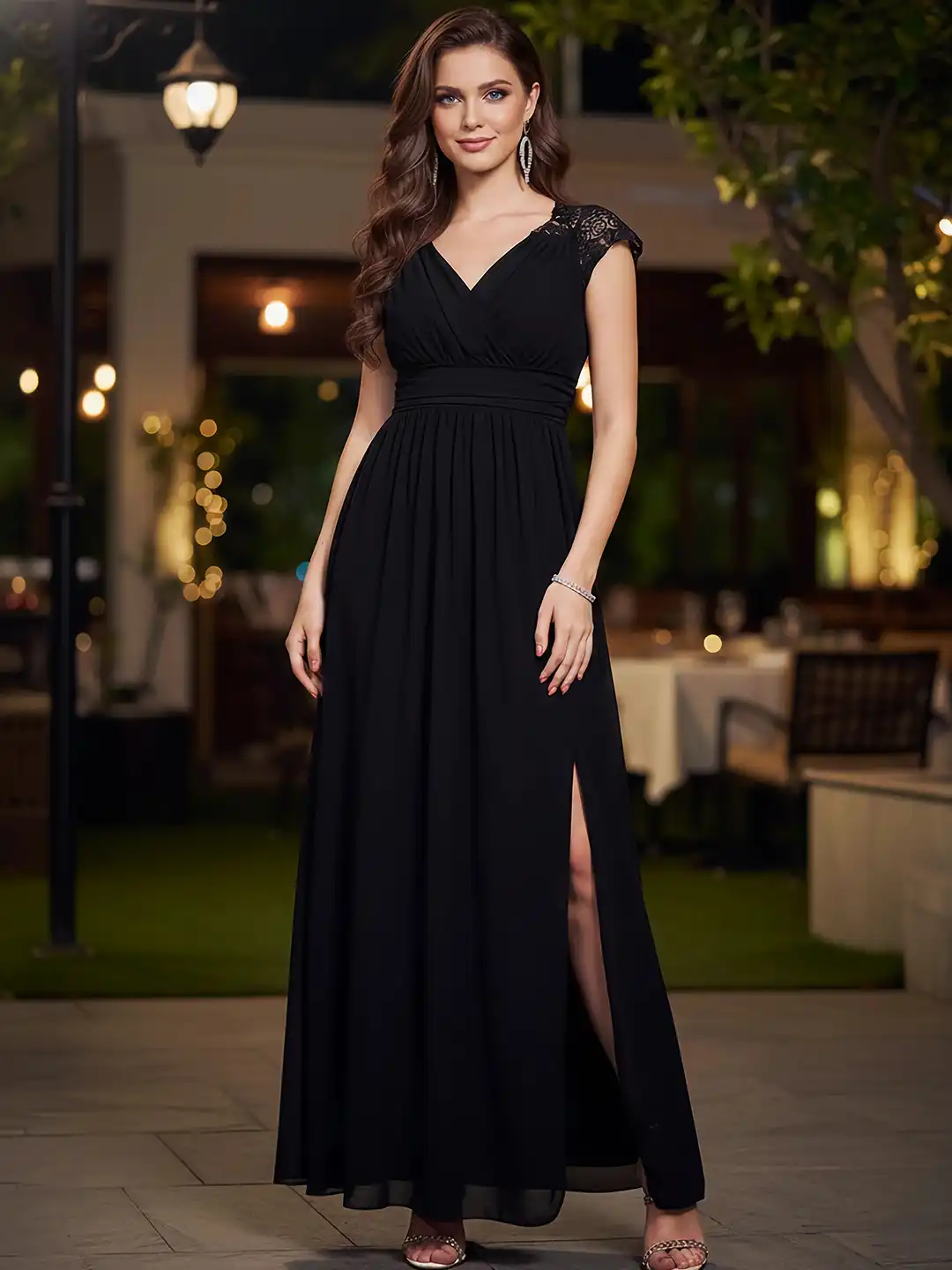 Buy Berrylush Black V-Neck Cap Sleeves Lace-Up Georgette High Slit Maxi  Dress - Dresses for Women 23805568