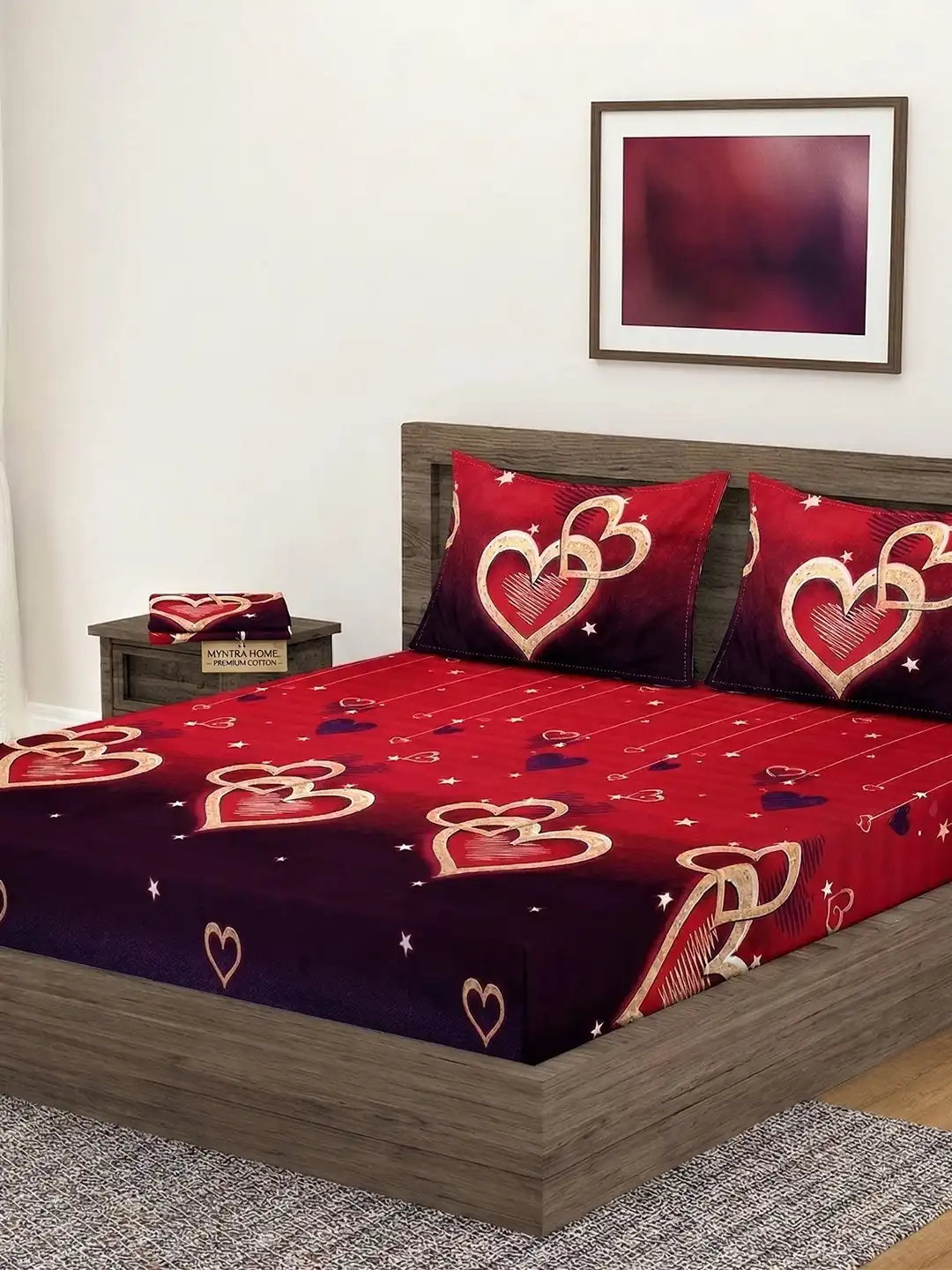 Buy Fashion String Red Conversational 144 TC Bedsheet with 2