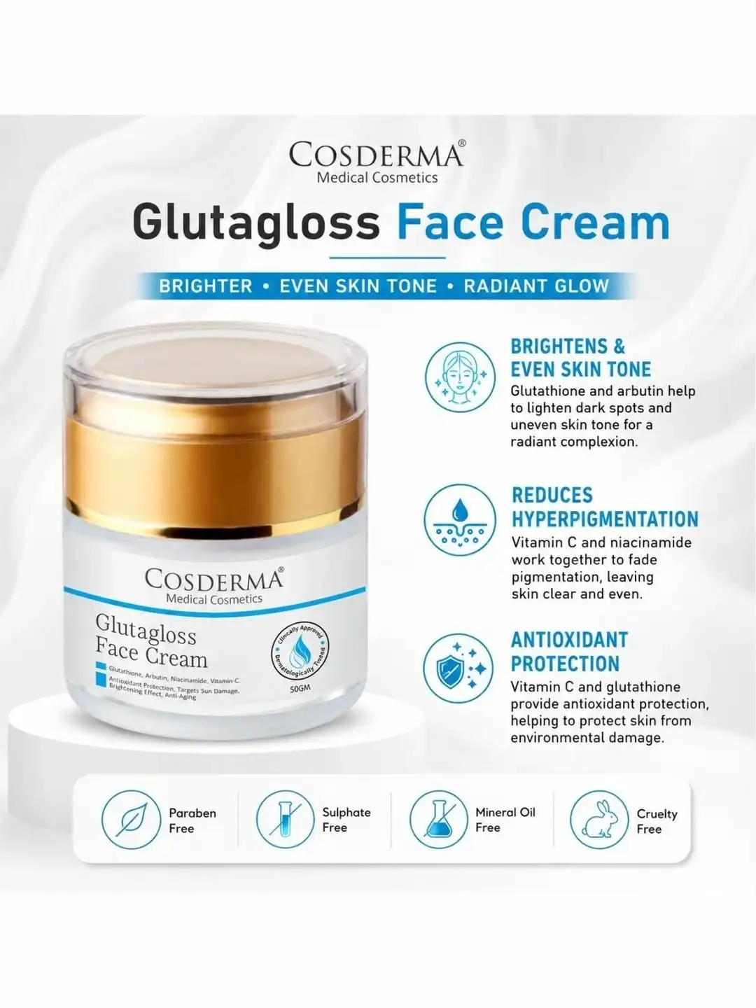 COSDERMA Glutagloss Face Cream with Vitamin C Glutathione Skin Formula 50 g