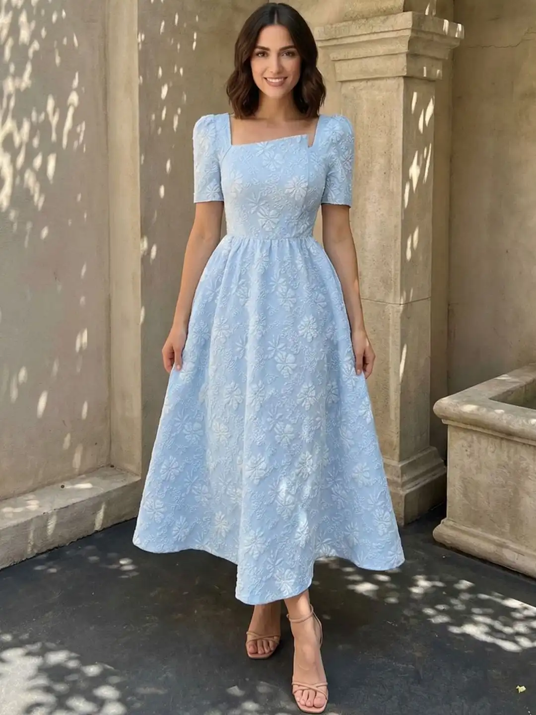 Buy Zucchini Puff Sleeve Jacquard Fit & Flare Midi Dress - Dresses