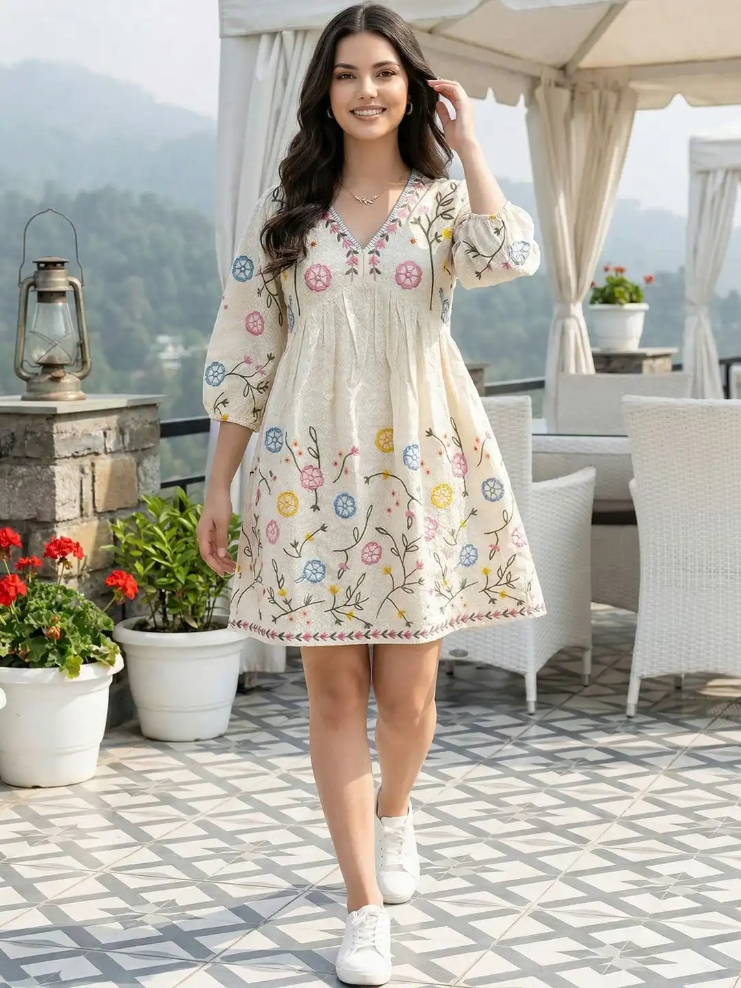 sachin and babi light blue dress Love & Roses REGULAR FIT - EMBROIDERED V-NECK SHORT SLEEVE MIDI . - Day  dress - ivory spot/beige
