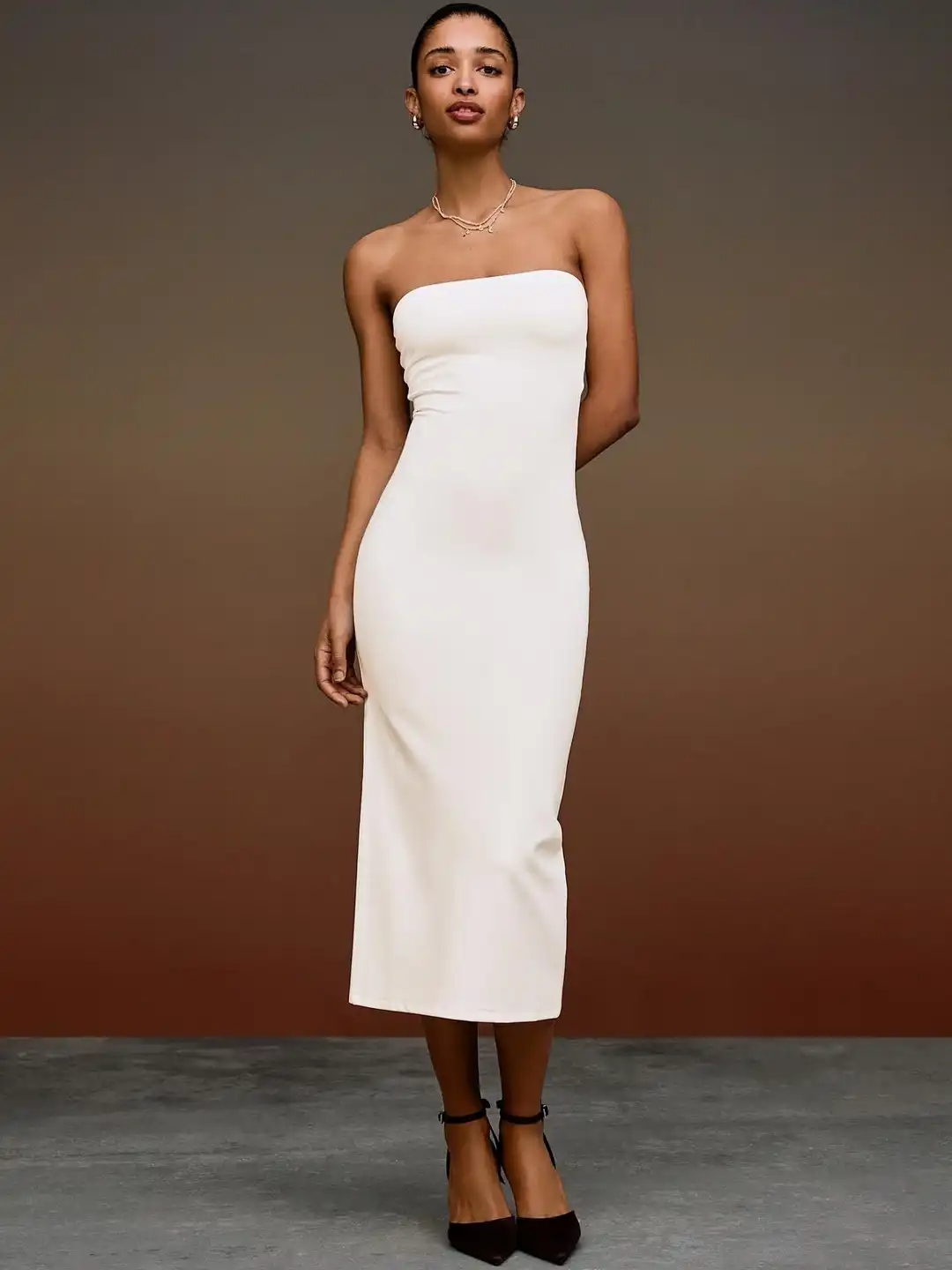 bershka knit dress Ribbed knit high neck dress with long sleeves - Women