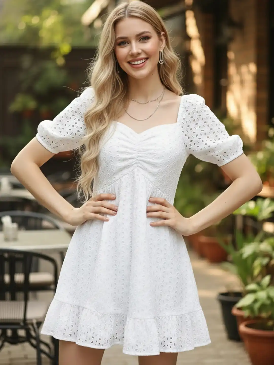 Buy Berrylush White Solid Ruched Schiffli A-Line Mini Dress