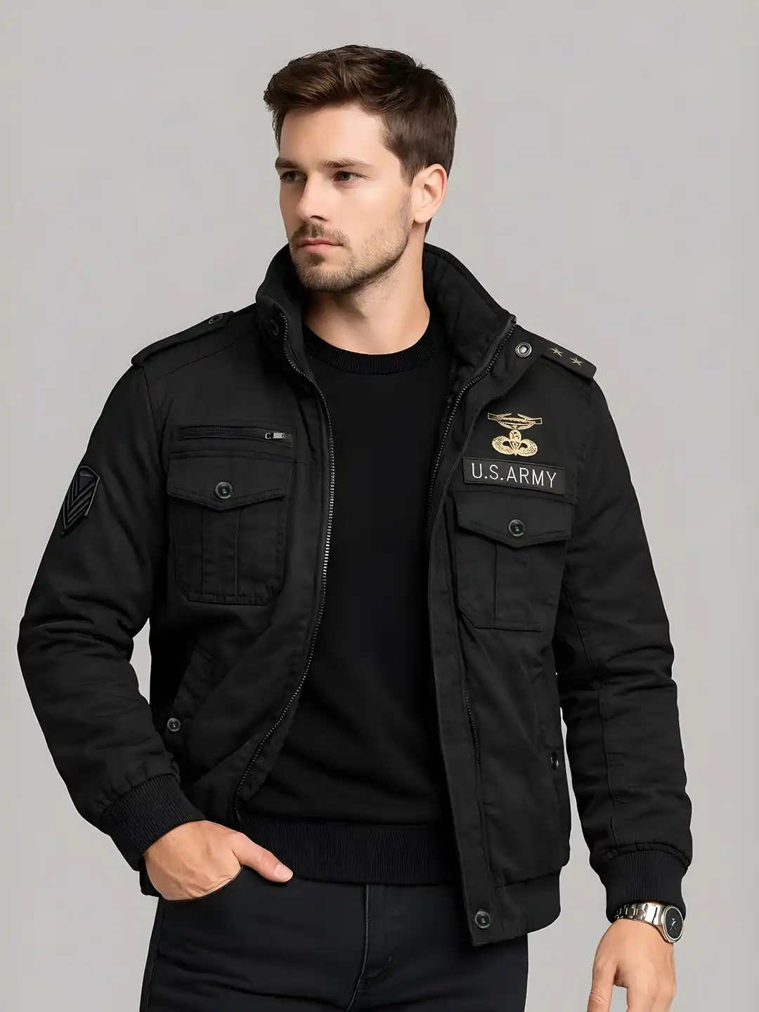 Buy L'monte Men Solid Shoulder Tabs Spread Collar Cotton Bomber Buy L'monte Men Solid Shoulder Tabs Spread Collar Cotton Bomber