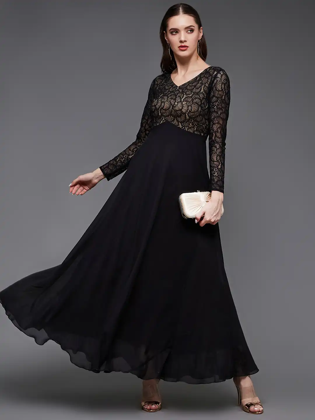 Miss Chase Abito Lungo Maxi Avvolgente In Georgette Con Maniche 3/4 E Scollo A V - Tasche Laterali - 4