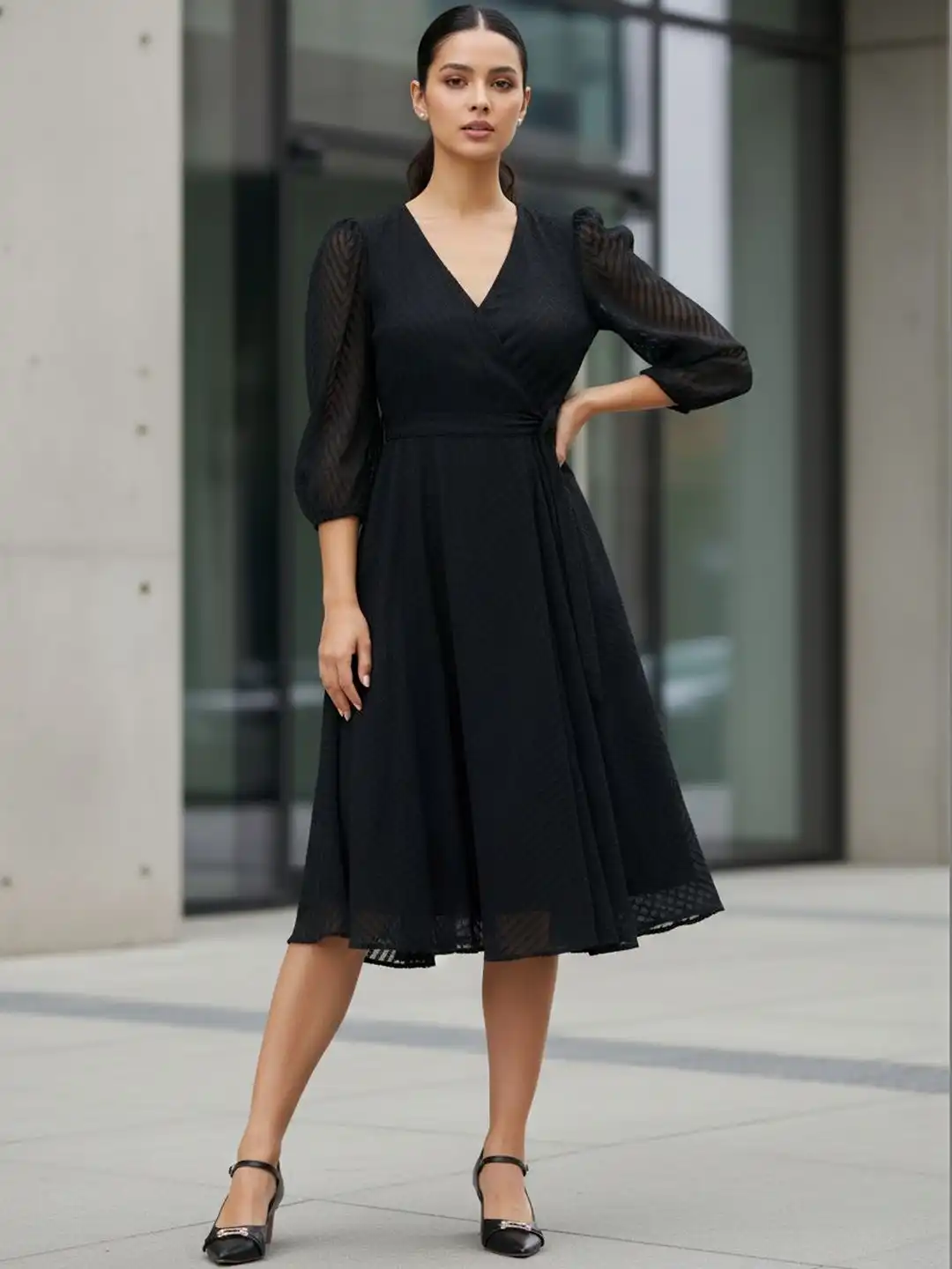 Long Sleeve Midi Fit And Flare Cocktail Dress BLUE PIEGEON Puff Sleeve Crepe Fit Flare Midi Dress