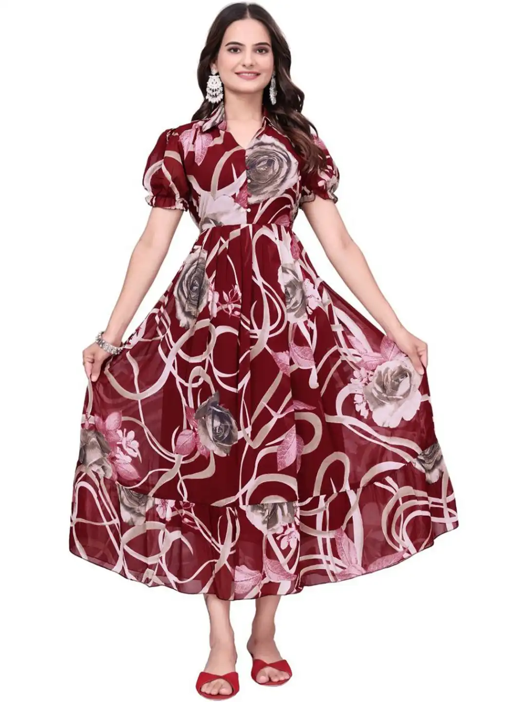 Buy SHINISHA Floral Print Puff Sleeve Fit & Flare Midi Dress