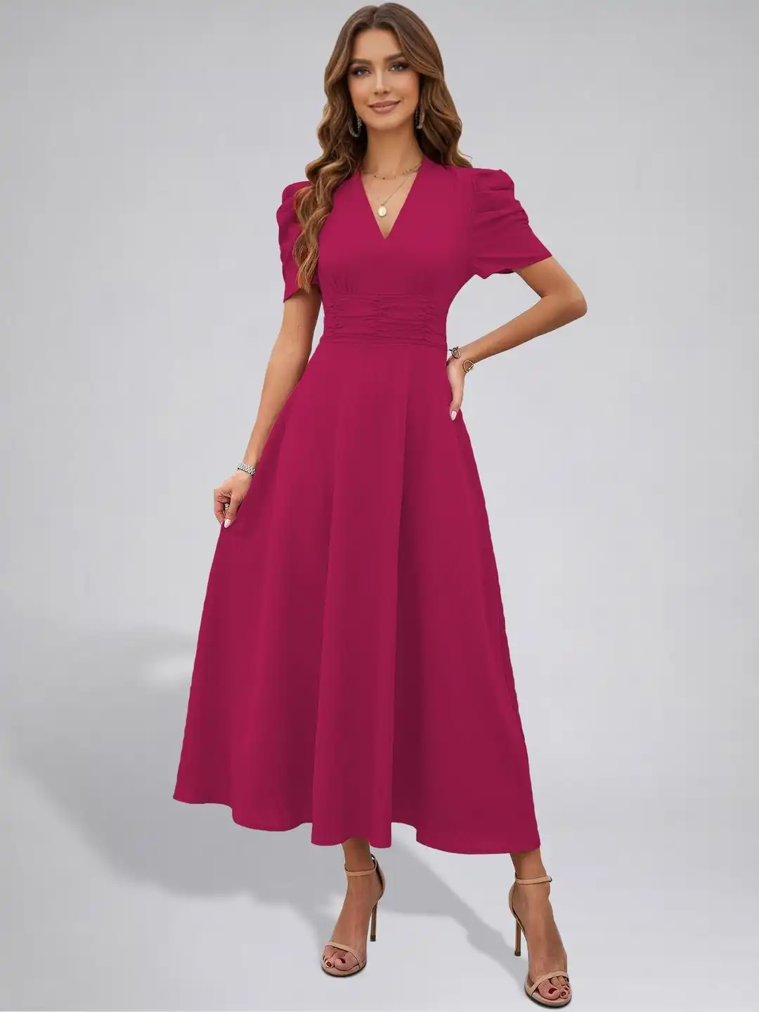 flare dress red Plus V-Neck Fit-and-Flare Dress, Crimson in Crimson main image 1
