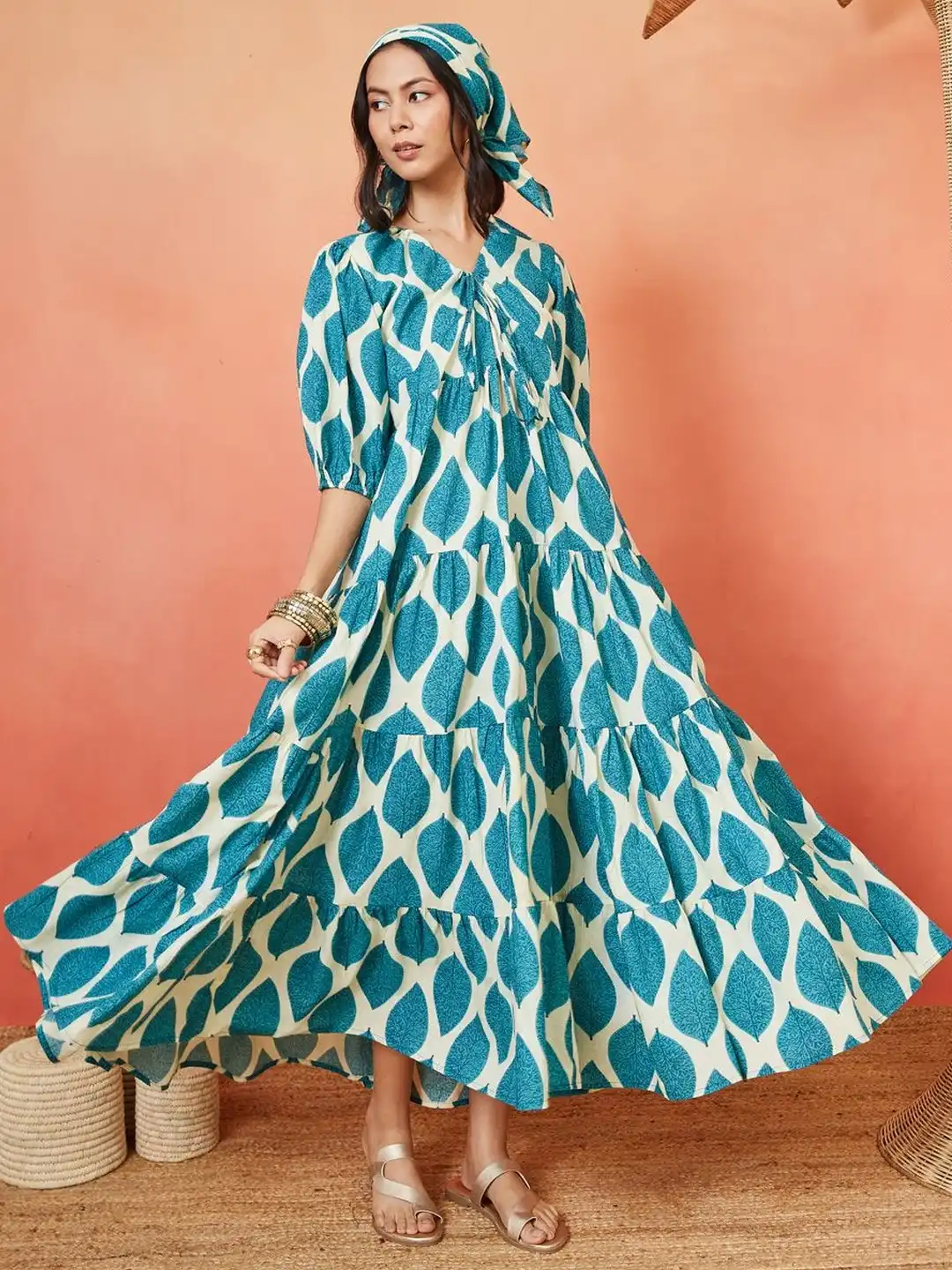 Buy Sangria FUZN Print Puff Sleeve A-Line Maxi Dress - Dresses for