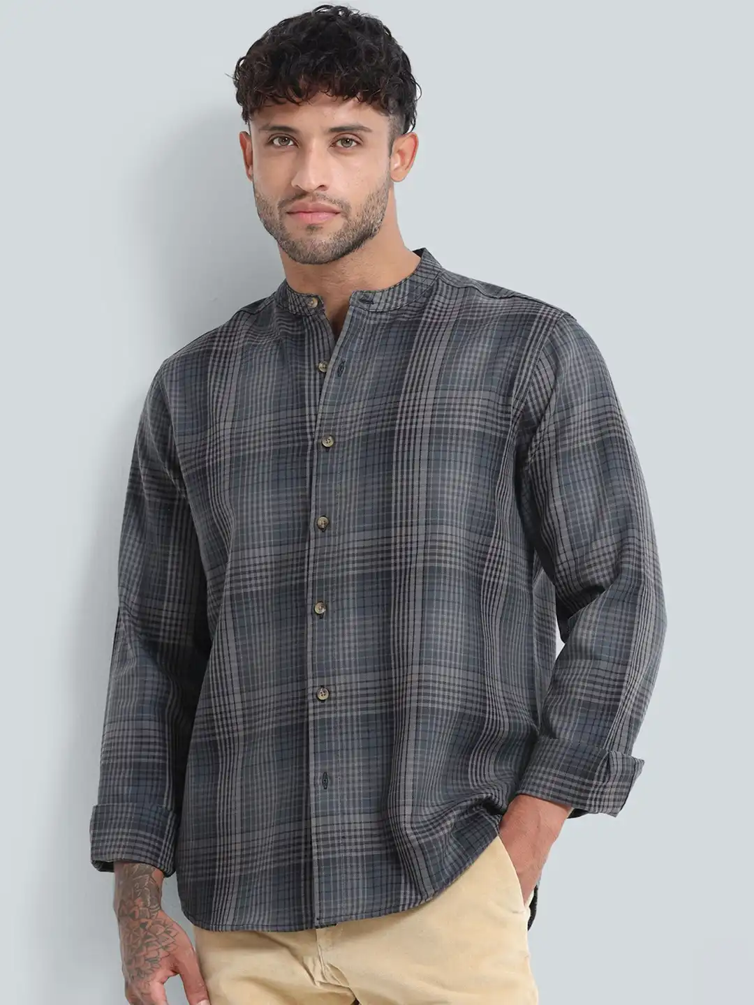 MY__ CHECKED REGULAR COLLAR SHIRT 長袖シャツ Buy StitchX Men Full Sleeve Checkered Mandarin Collar Shirt