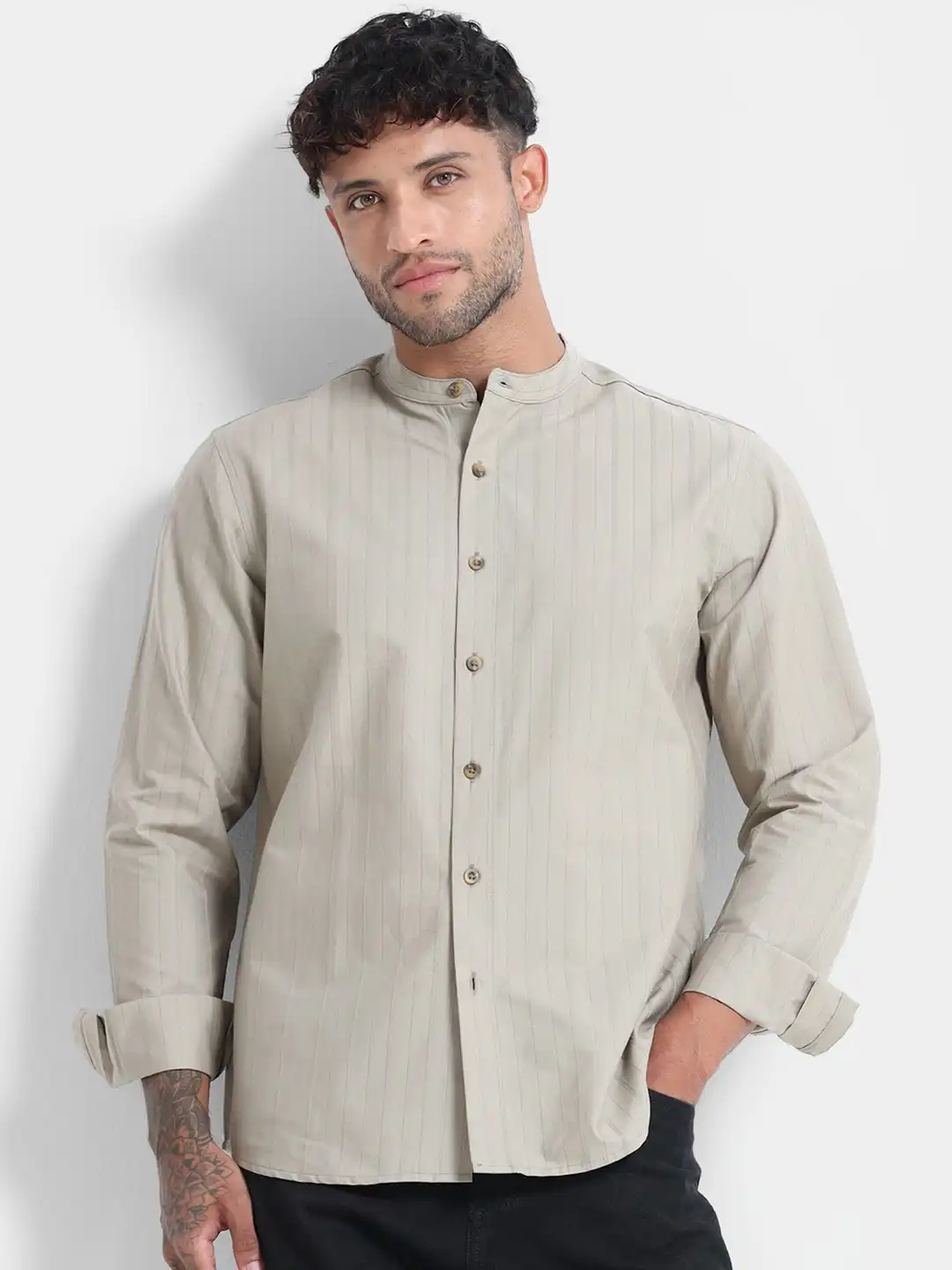 Buy StitchX Men Full Sleeve Textured Striped Mandarin Collar Shirt