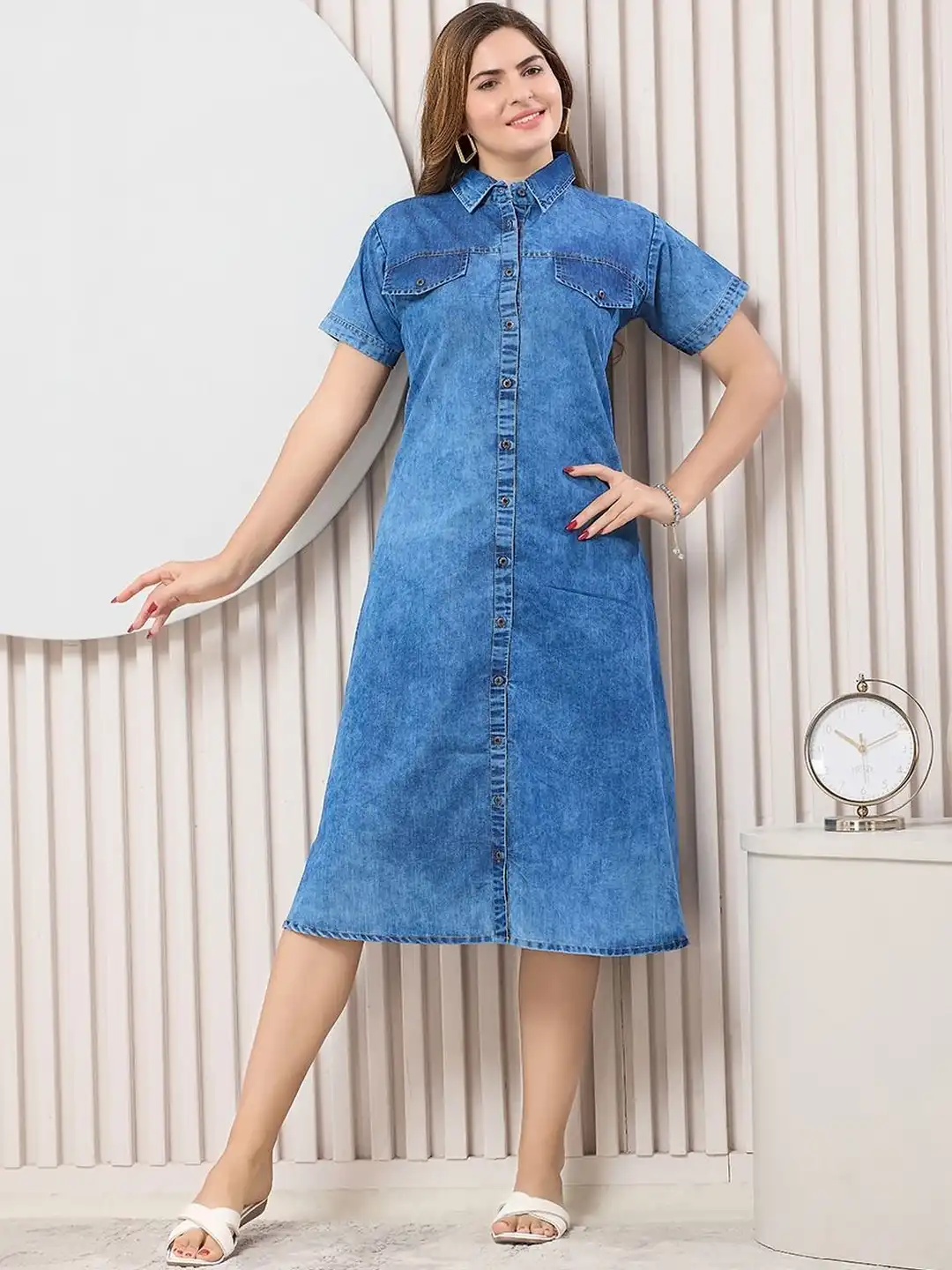 myntra denim dress Price History of DressBerry Blue Puff Sleeve V-Neck Denim A-Line Dress from  Myntra 111_11963728