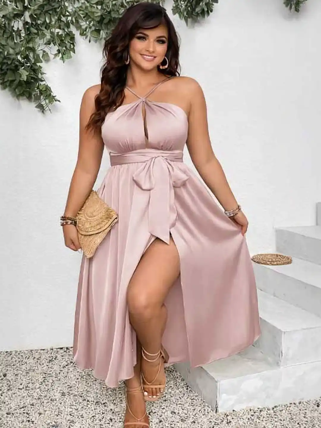 curve halter neck dress Ever-Pretty Plus Size Halter Pleated Midi Dress for Summer Wedding Guests & Cocktail Parties