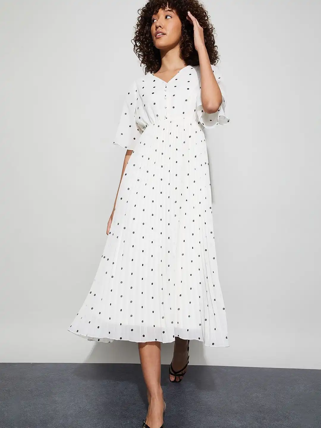 Buy CODE by Lifestyle Polka Dot Print Flutter Sleeve A-Line Midi
