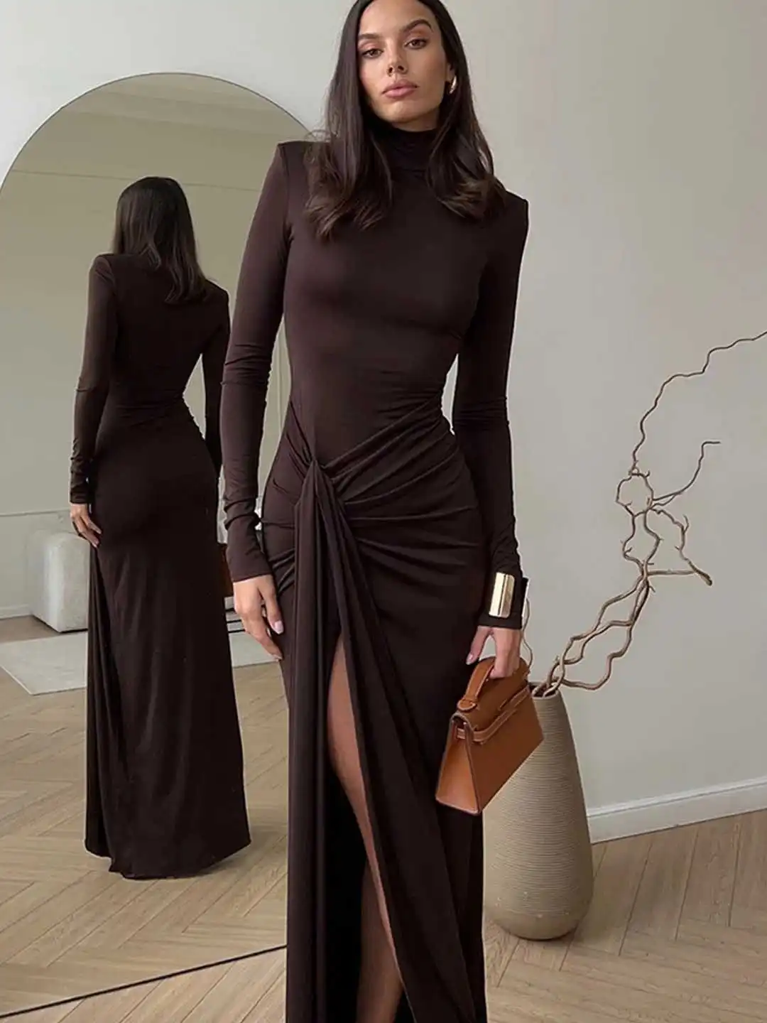 bebe brown dress Buy High Neck Full Sleeve High Slit Draped Maxi - Dresses for Women 39259778 KissProm Sparkly Royal Blue Shahida linen dress Flatter your form with Color:Green Crush