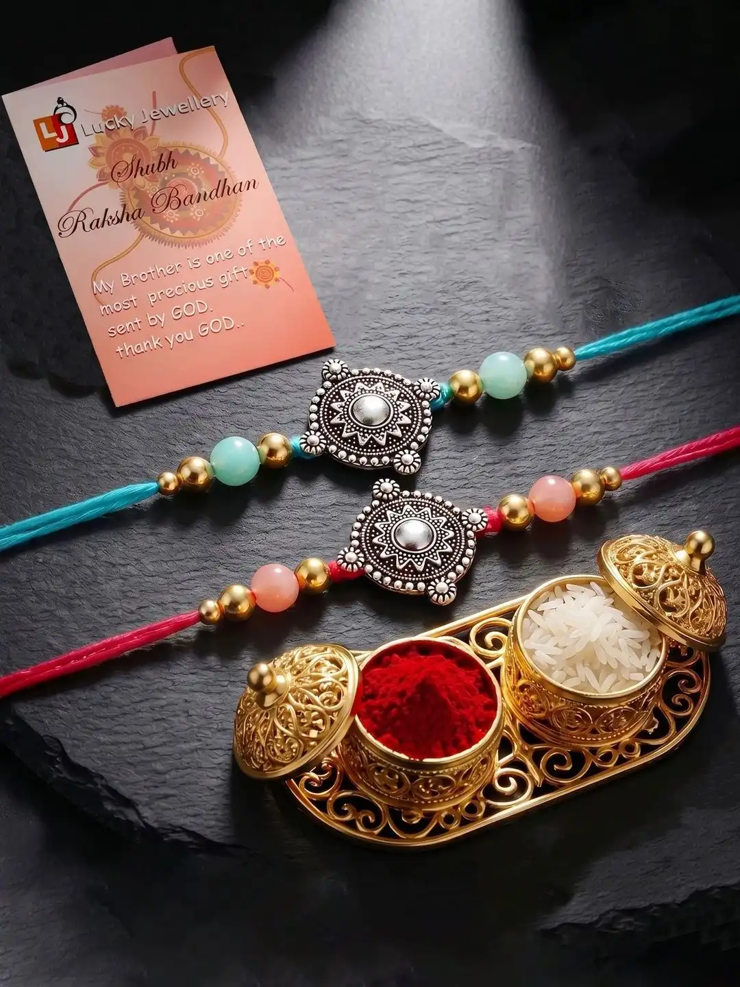 Buy LUCKY JEWELLERY Set of 2 Oxidised Silver Mandala Pastel Beads