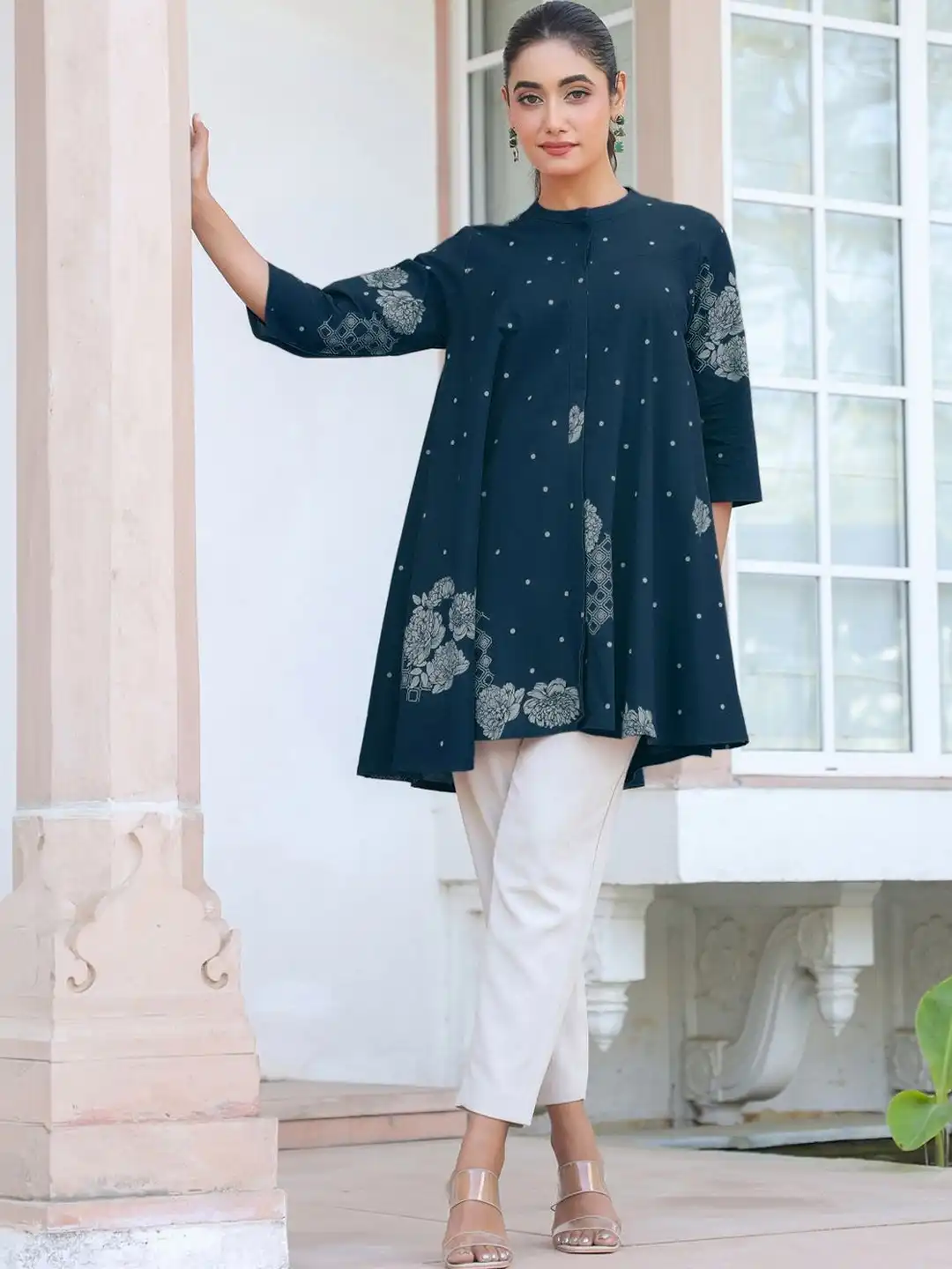 Buy Janasya Women Teal Blue Cotton Floral Printed Flared Tunic