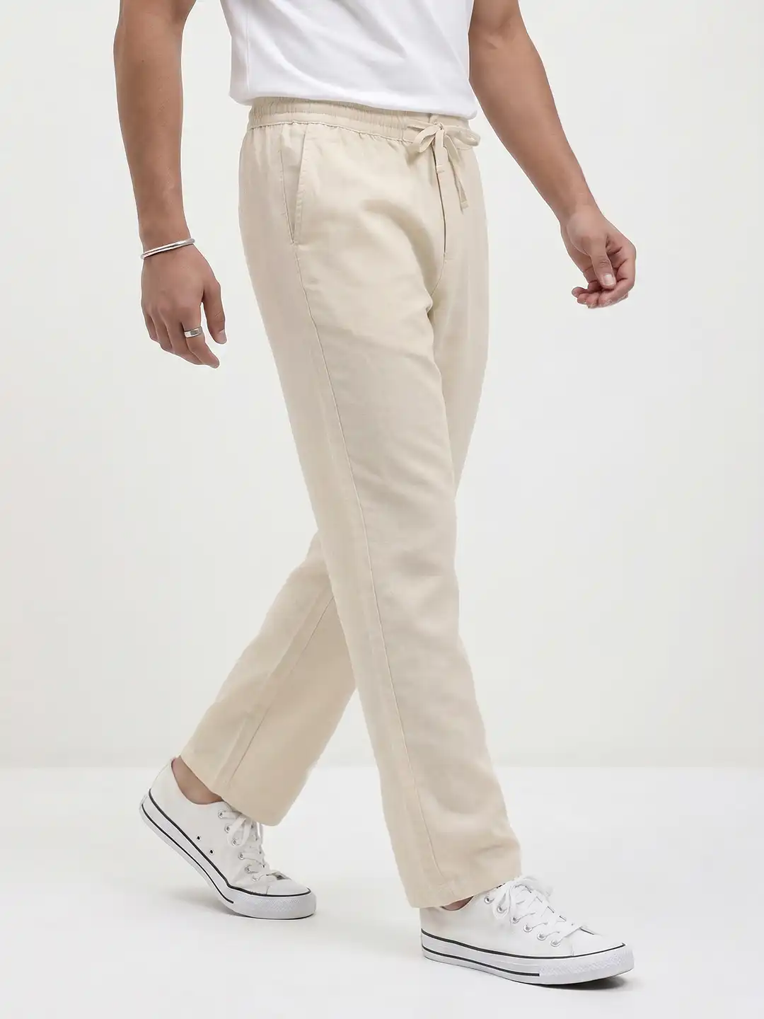 Buy The Roadster Life Co. Men Cotton Linen Straight Fit Trousers