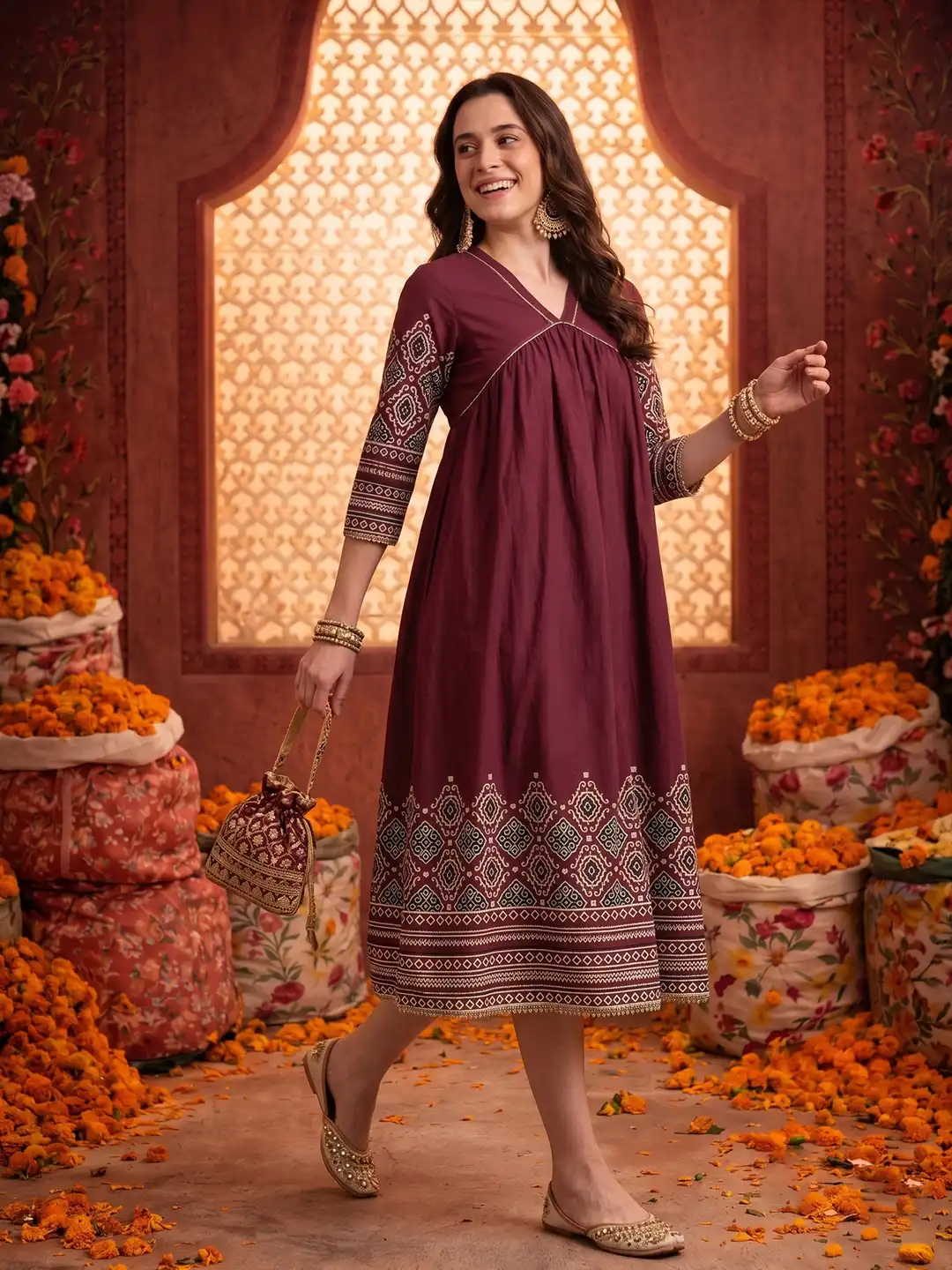 myntra cotton midi dress Buy Anouk Ethnic Motifs Printed Empire Pure Cotton Midi Dress with Gotta  Patti Detail - Dresses for Women 37362126