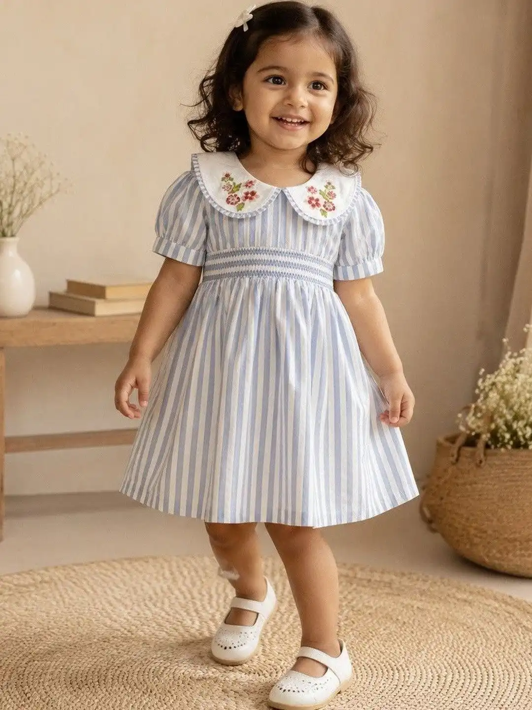 Buy Mom & Zoey Girls Blue Striped GOTS Organic Cotton Lined Dress