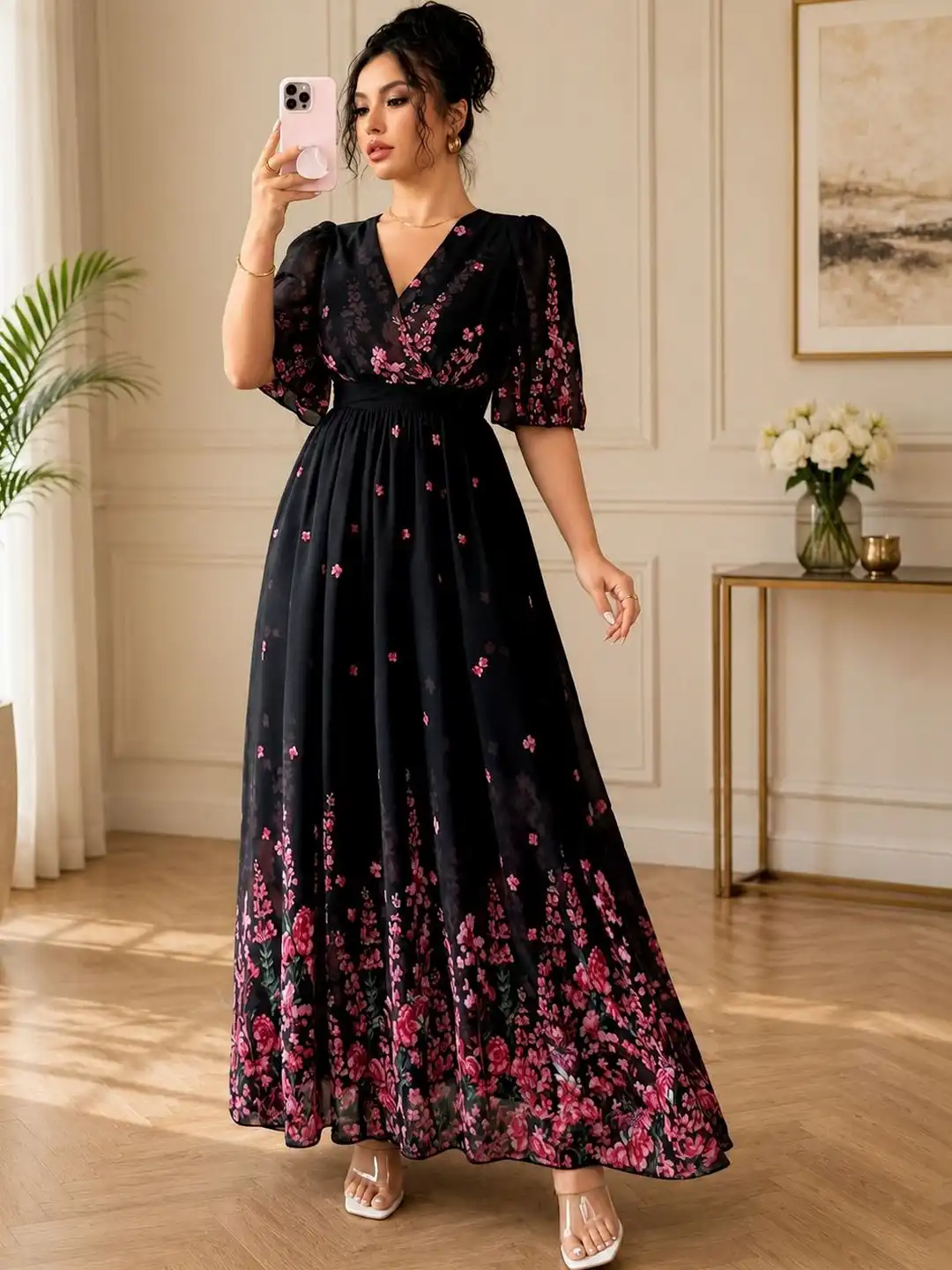 Buy Nautiful Floral Print Flared Sleeve Georgette A-Line Maxi Dress - Dresses for Women 43208774