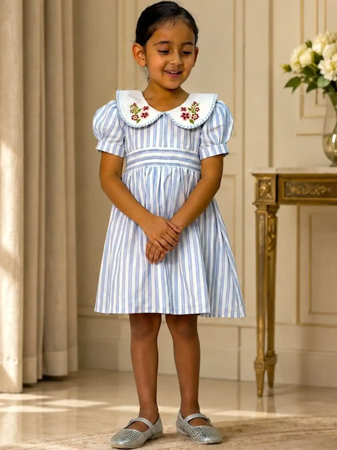 Buy Mom & Zoey Girls Blue Striped GOTS Organic Cotton Lined Dress