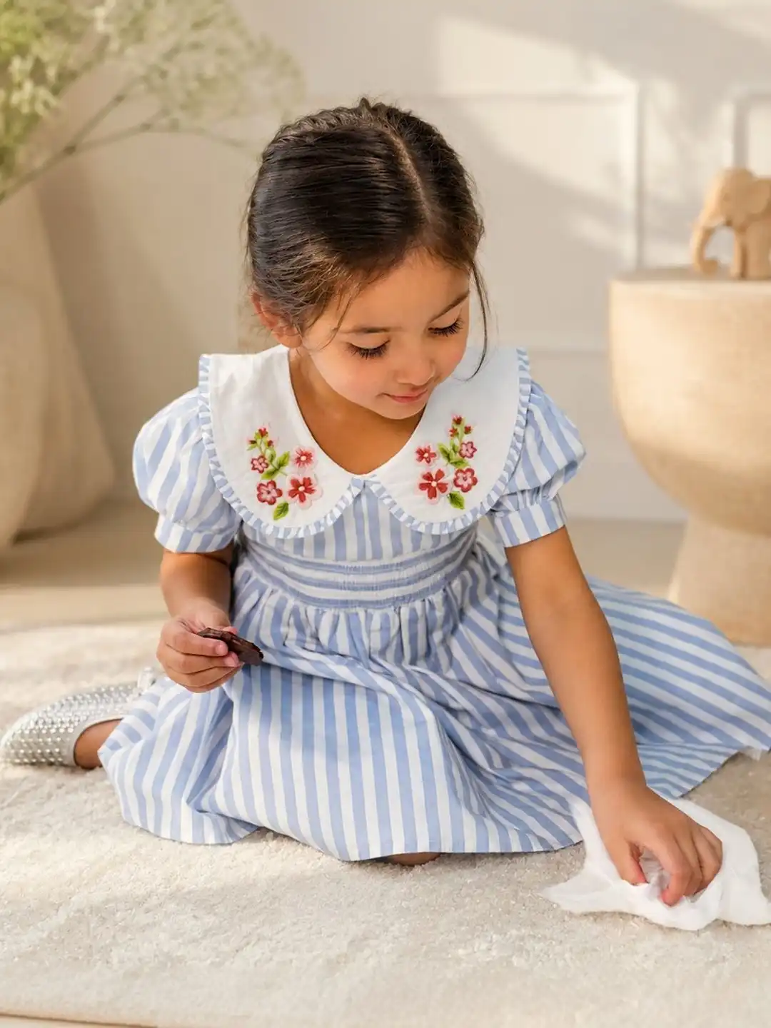 Buy Mom & Zoey Girls Blue Striped GOTS Organic Cotton Lined Dress