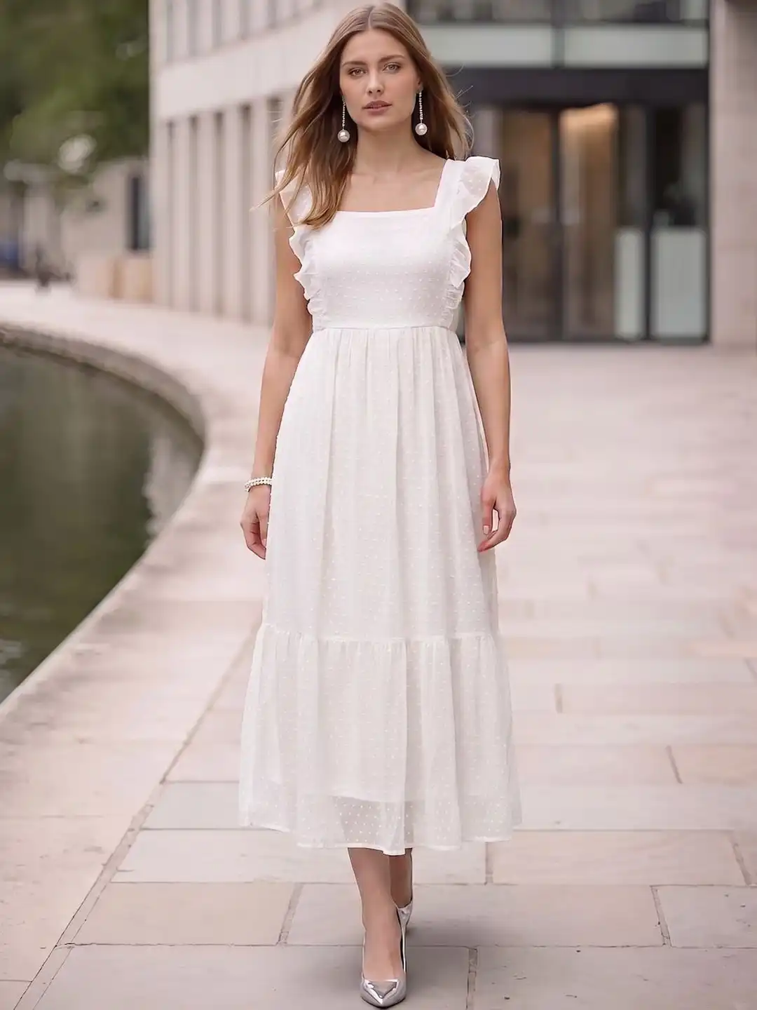 Buy aayu Self Design Ruffles Detail Flounce Georgette Midi Fit & Flare Dress - Dresses for Women 21850892