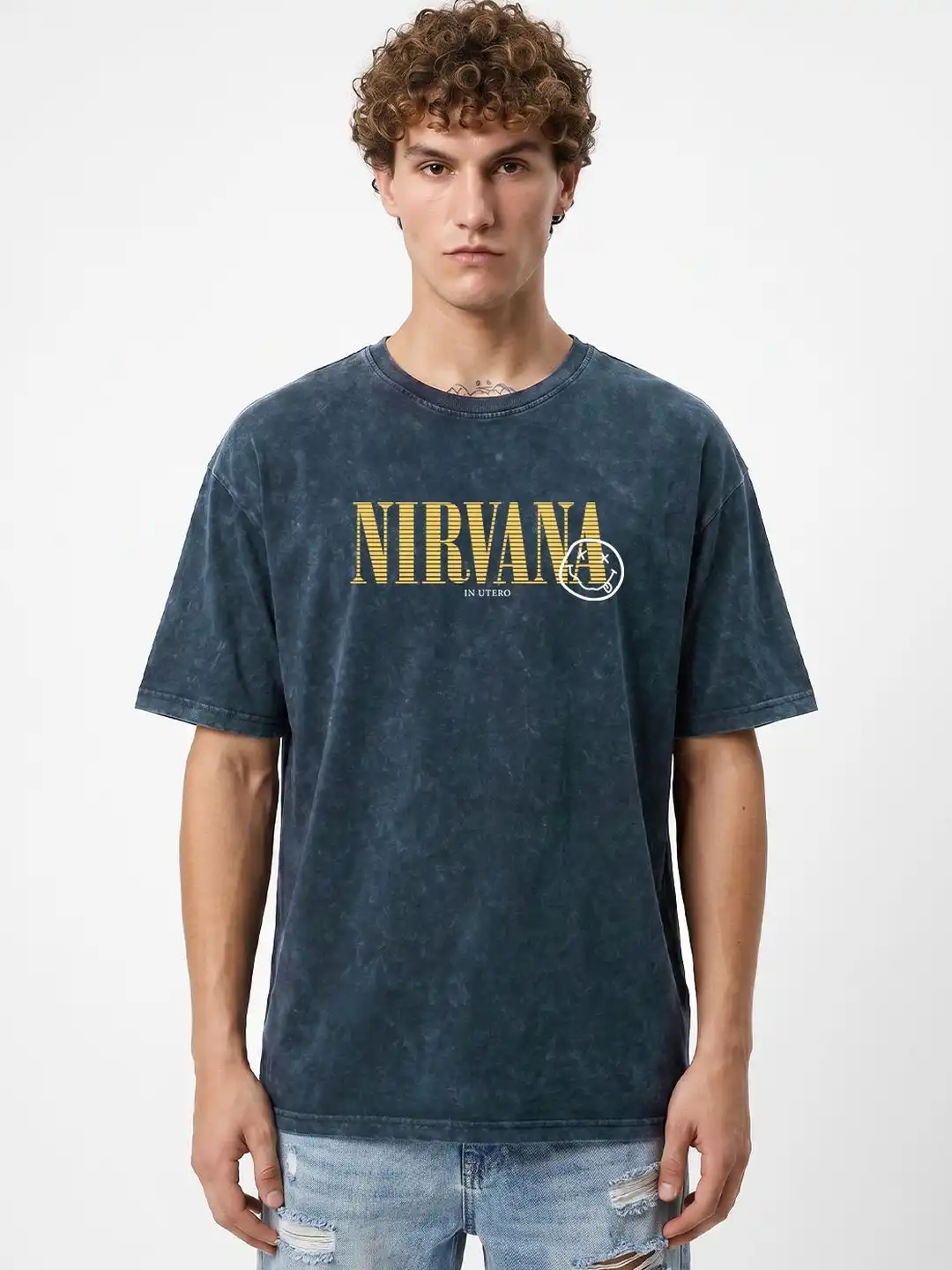 Buy Crazymonk Men Nirvana Acid Wash Graphic Printed Oversized