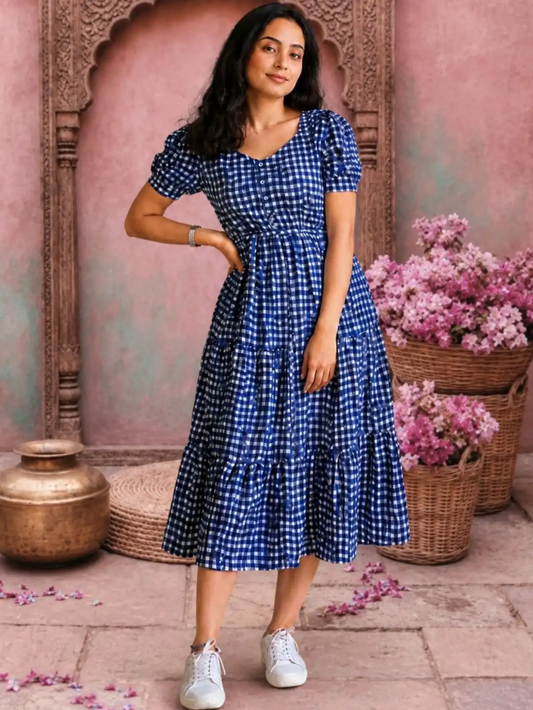 checked a line dress Buy NAVYAAZRI Puff Sleeve A-Line Midi - Dresses for Women 42941378 Side pockets cf-size-us10 Betsy & Adam One Size:18