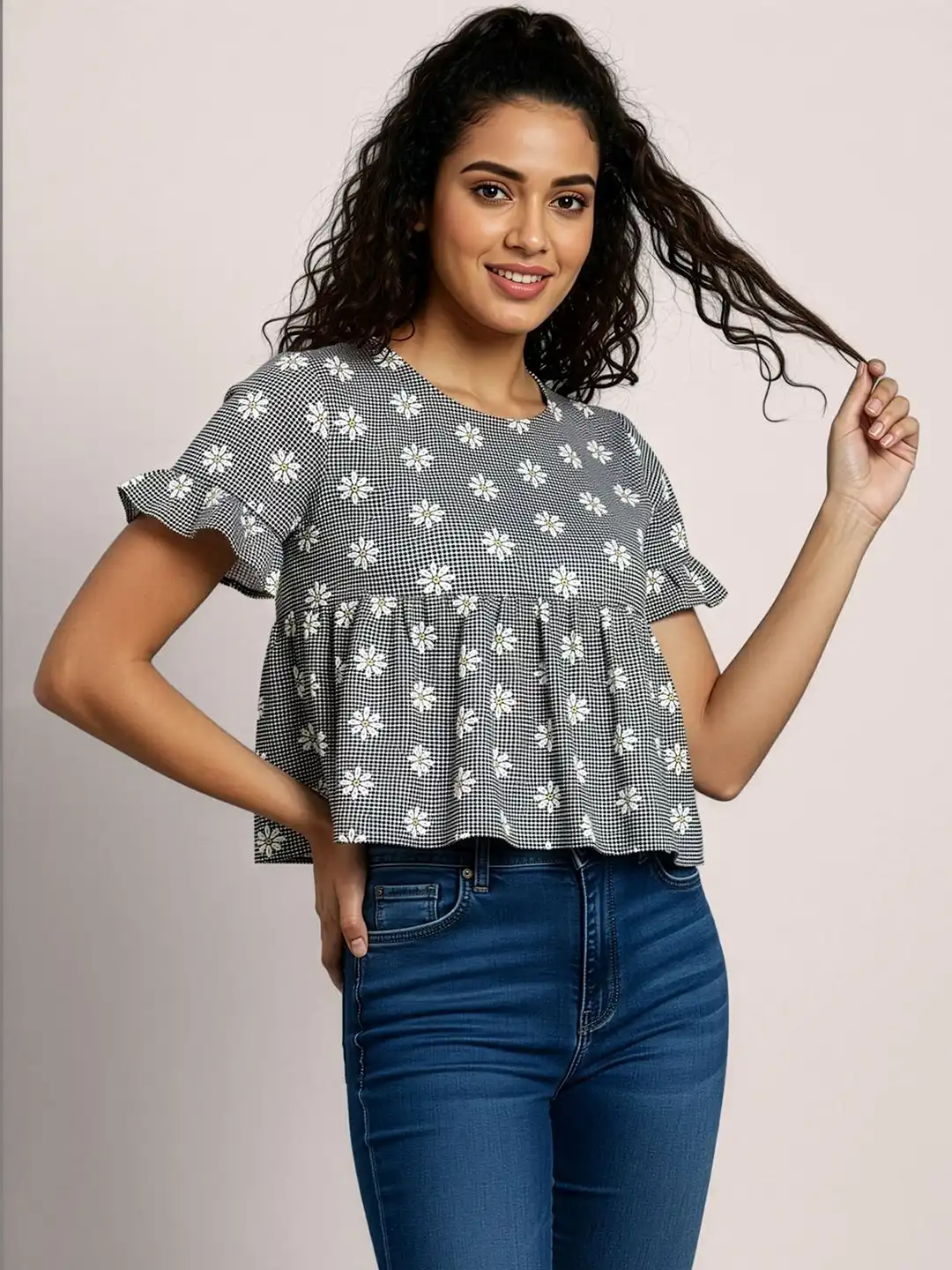 Buy Maheshvi Checked Flutter Sleeve Peplum Top - Tops for Women