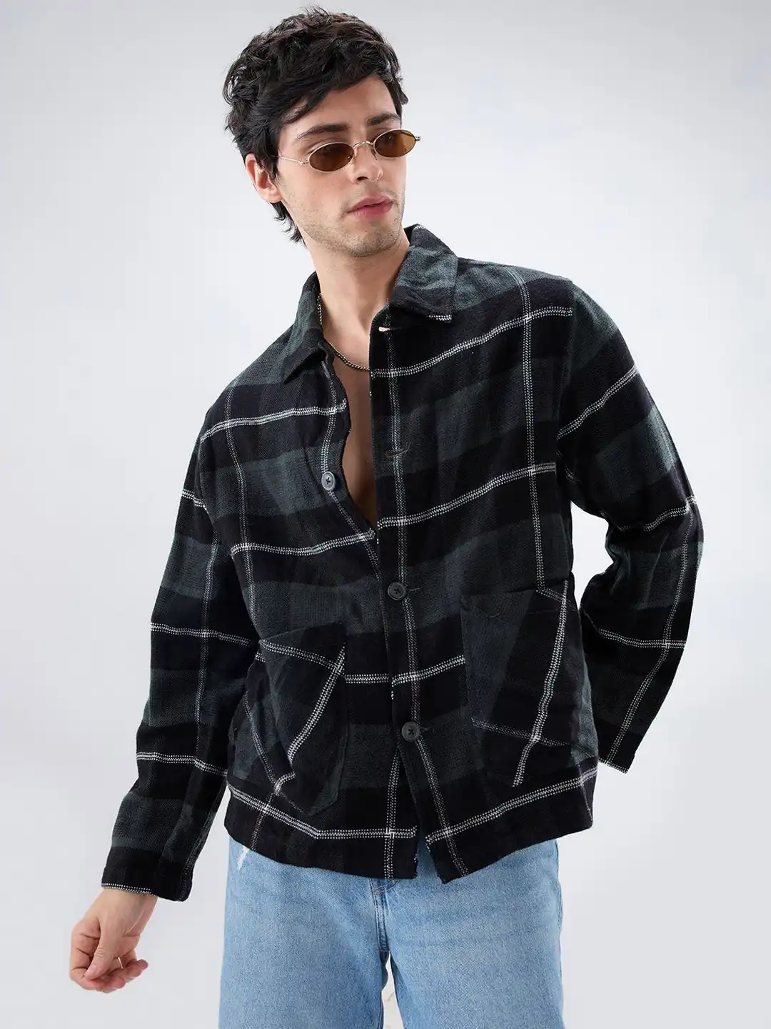 Buy VASTRADO Black Flannel Plaid Checks Oversized Double Pocket