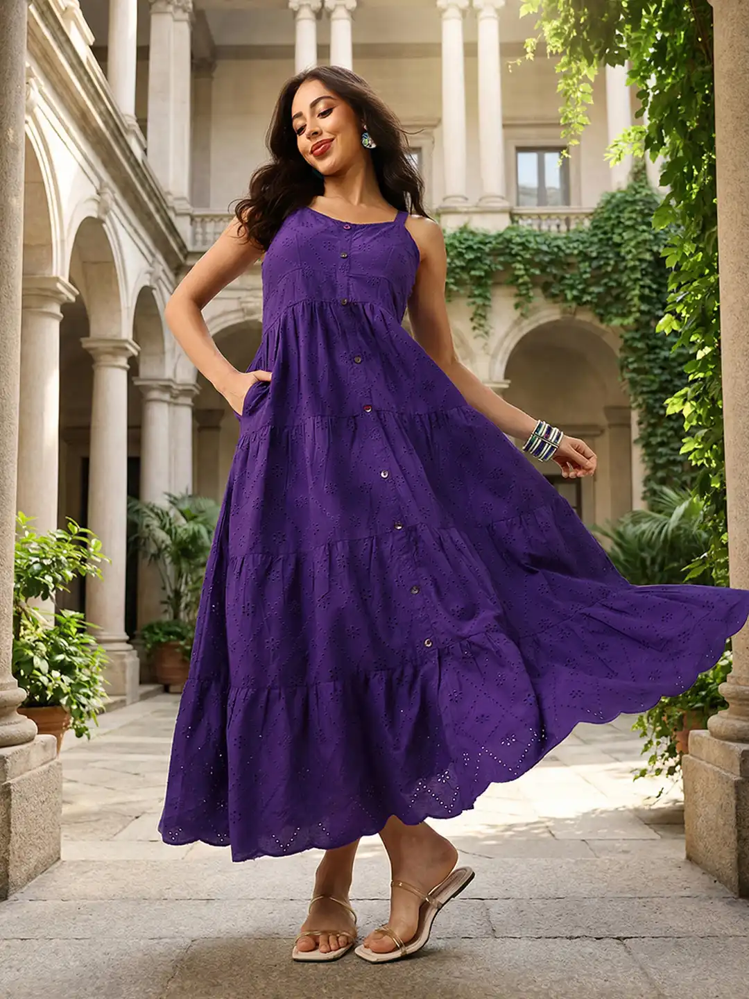 【新品未使用】1+in the family VIOLA Dress 48m Buy Ishin Purple Smart Casual Schiffli Maxi Dress - Dresses for
