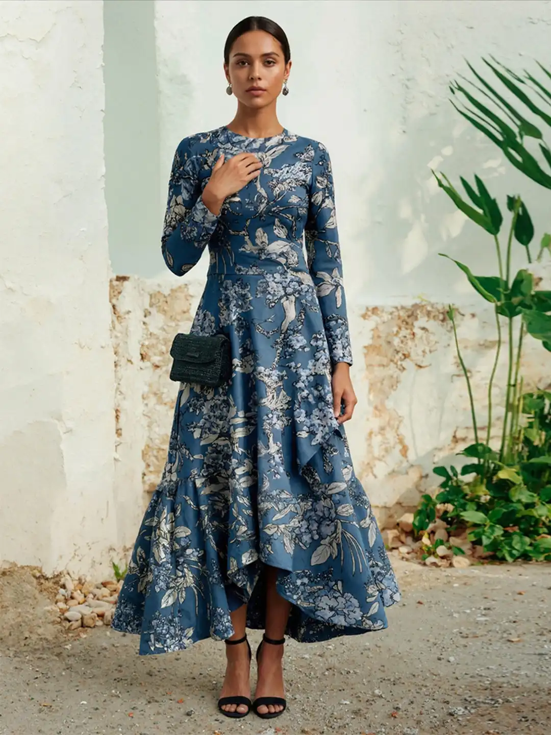 blue floral high low dress Kimber Floral Ruffle Maxi Dress Shop American Threads Boutique Cobalt Floral / L