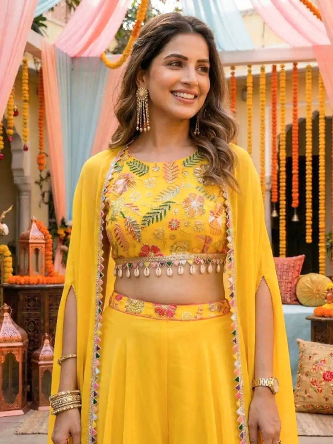 Buy LABEL KANUPRIYA Women Yellow Embroidered Poly Georgette Crop