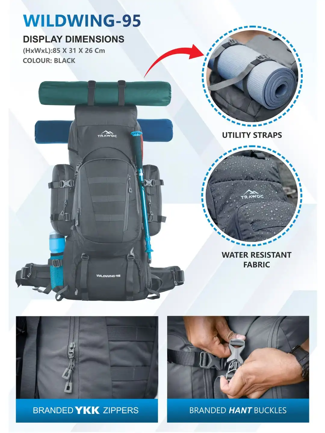 95l l hiking backpack Buy HIKE Travel Trekking Waterproof Rucksuck With Detachable Daypack/Camping Bag - Rain Cover & Shoe Compartment, Outdoor Sport Camping Hiking Bag inch padded Pro 95L Hydration Cargo Pack