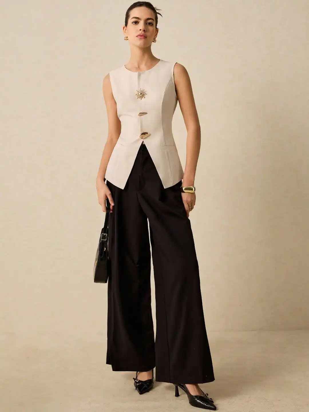 Buy Outzidr Cream Sleeveless Vest Top With Metal Buttons - Tops